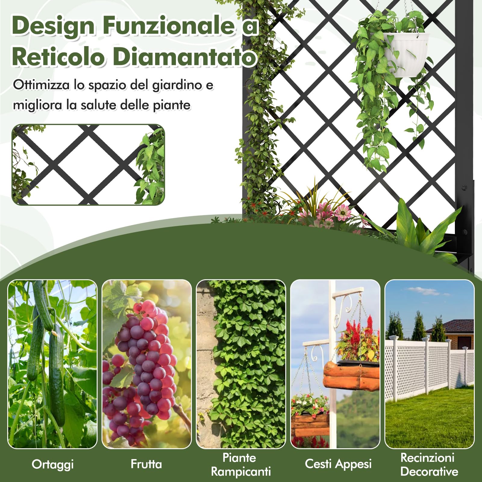 COSTWAY Letto da Giardino Rialzato con Traliccio, Fioriera in Metallo per Piante Rampicanti, Verdure, Viti e Fiori, Aiuola Elevata per Piante Esterno per Patio, Giardino e Balcone