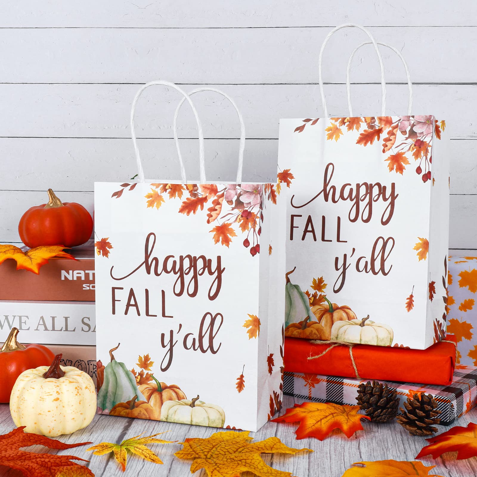 24 Herbst-Geschenktüten Mit Griffen – Retro Kürbis Design, 15x8x21 Cm, Kraftpapier