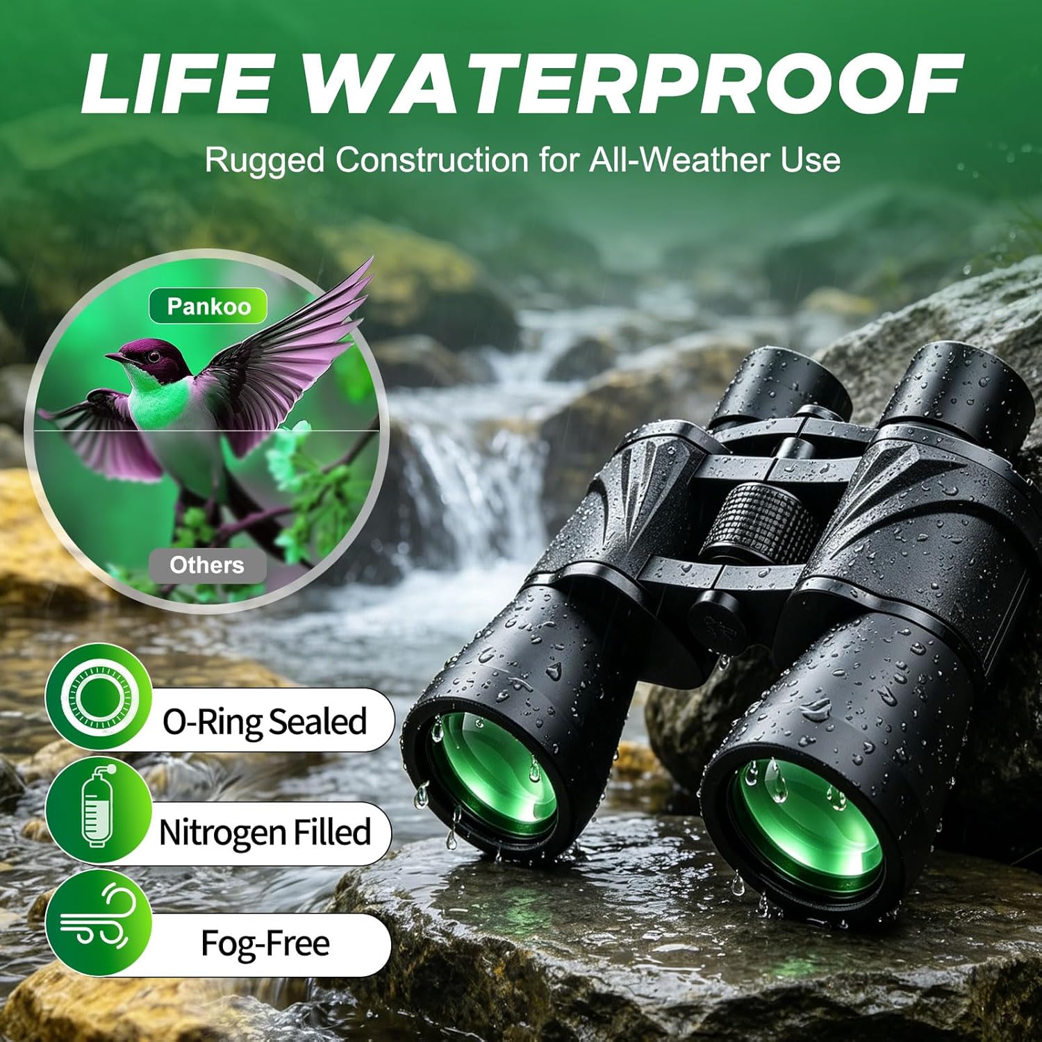 Pankoo 20x55 Binoculars for Adults High Powered – Large View Waterproof Optics with Clear Low Light Vision, Easy Focus for Hunting, Bird Watching, Concerts, Sports