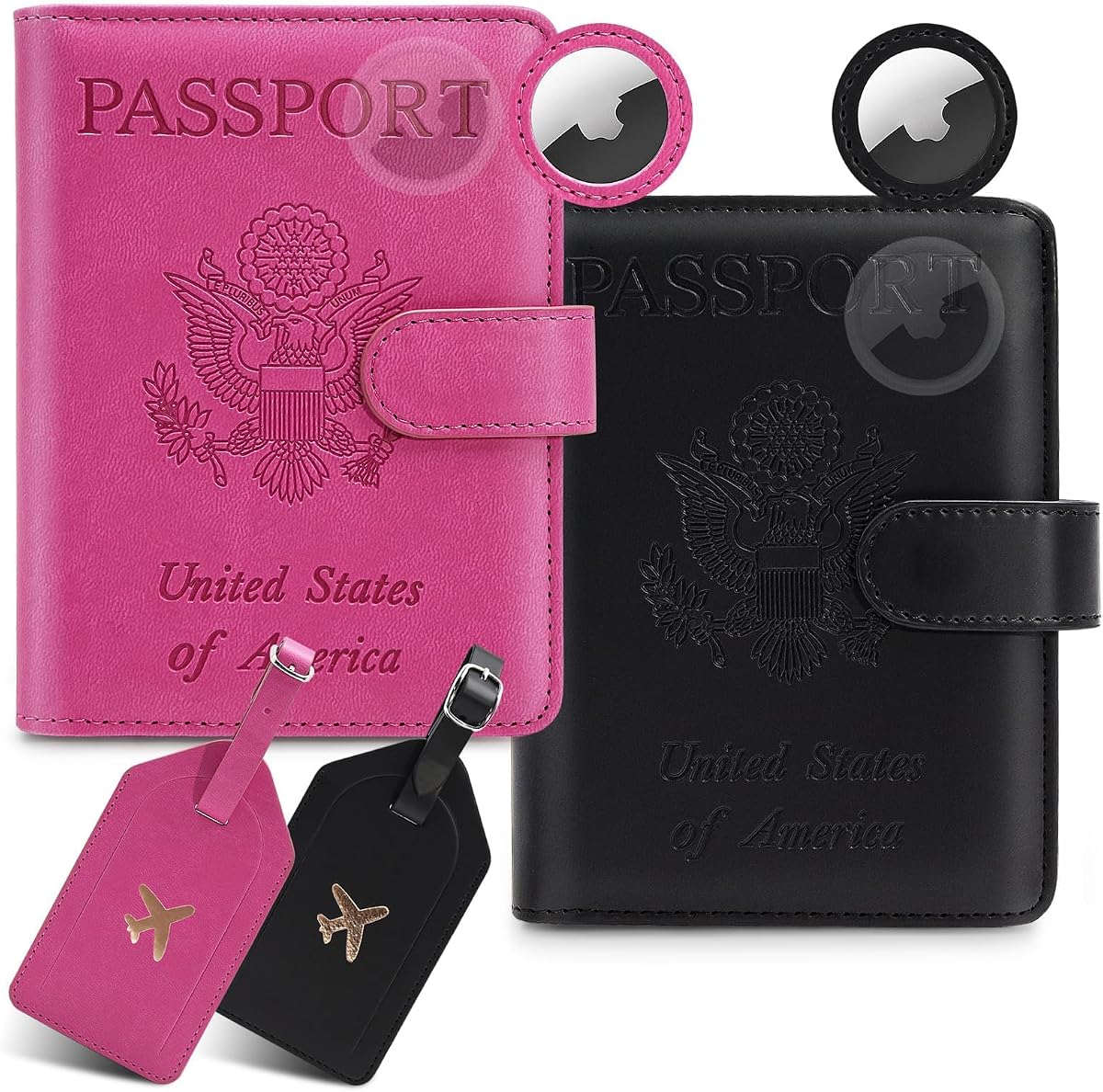2 Pack Passport Holder for Travel with Slot for AirTag & Luggage Tag Cover, RFID Blocking Passport Holder for Women & Men | PU Leather Passport Cover with Pocket, Black & Pink