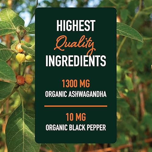 Miniatura 8 de Suplemento Ashwagandha de 1300 mg para resistencia al estrés y aumento de energía, adaptógeno de alta absorción del polvo de raíz con pimienta negra