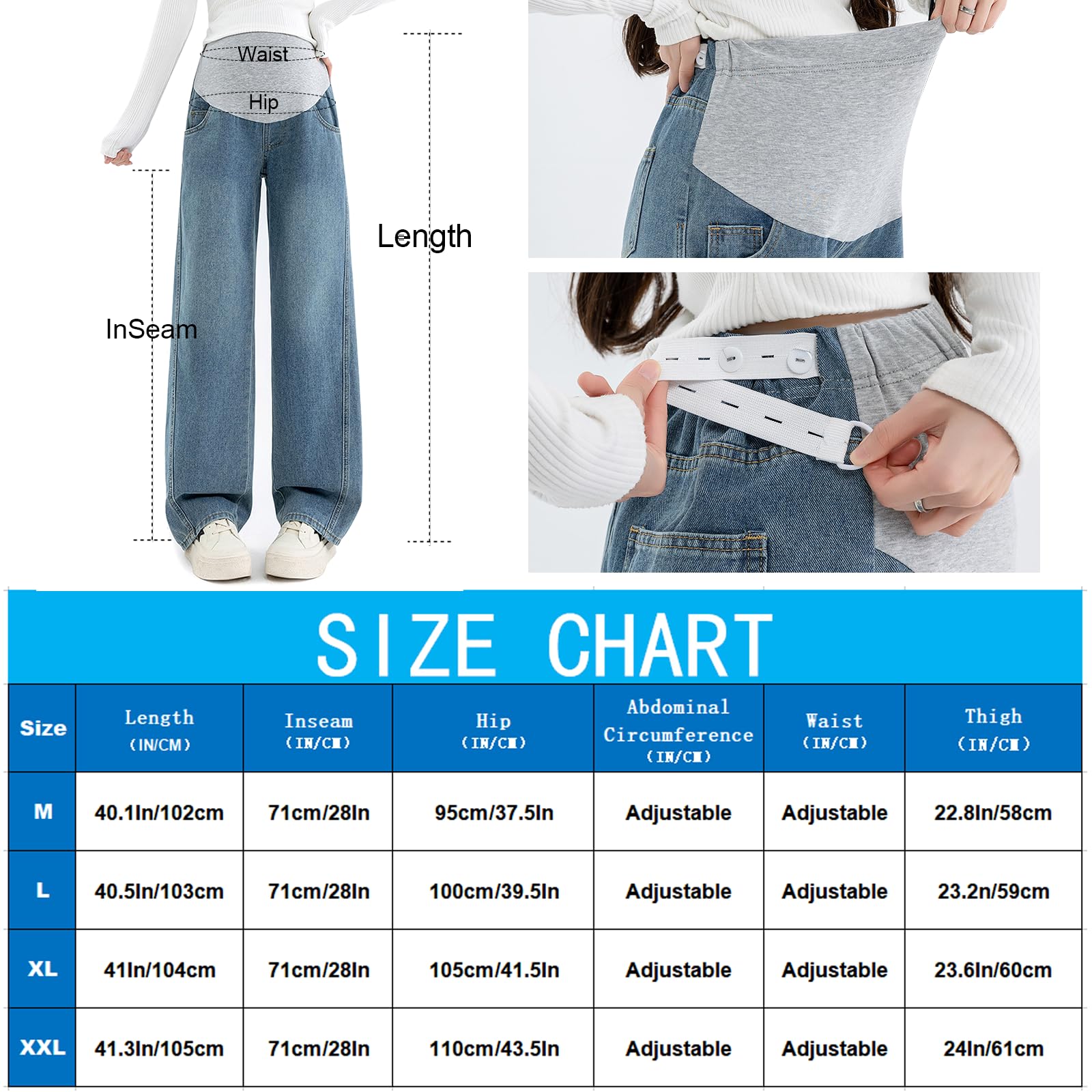 Alled Premaman Jeans Copri Pancia, Donne Gravidanza Gamba Larga Elastica Pantaloni Vita Regolabile, Jeans maternità Soldato con Tasche Lounge Pantaloni,Blu, XXL