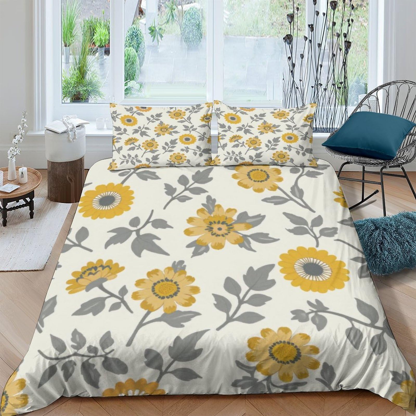 GPLZQXKJNH 3D Printed Sunflower Botanical Duvet Cover Microfiber Soft Breathable Floral Quilt Cover Set with 2 Pillowcases for Bedroom Decor Single（135x200cm）