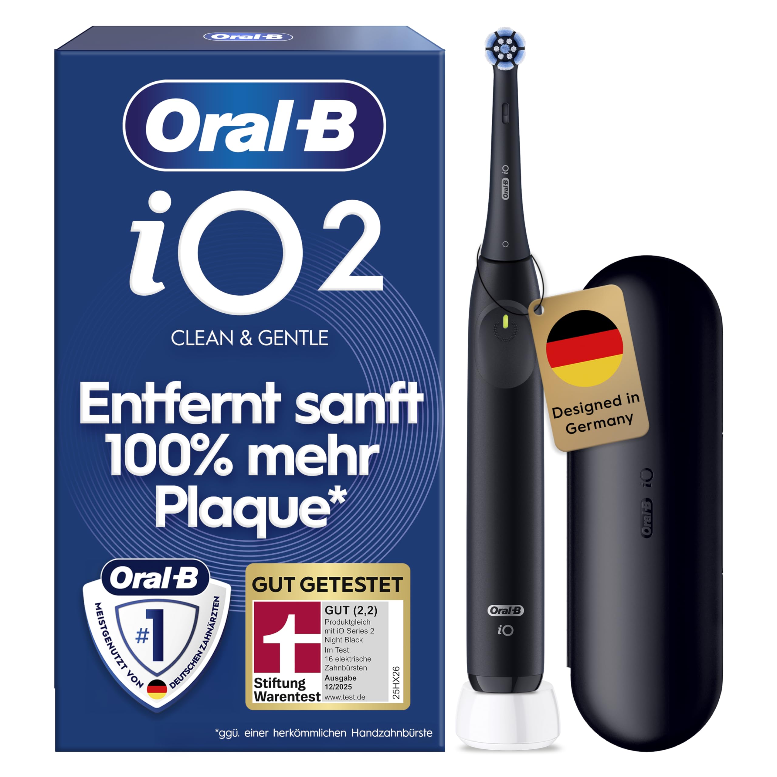 Oral-B iO Series 2 Elektrische Zahnbürste, Schwarz | Inkl. 1 Aufsteckbürste, Reise-Etui, GUT GETESTET von STIFTUNG WARENTEST, Electric Toothbrush mit 3 Putzmodi für Zahnpflege