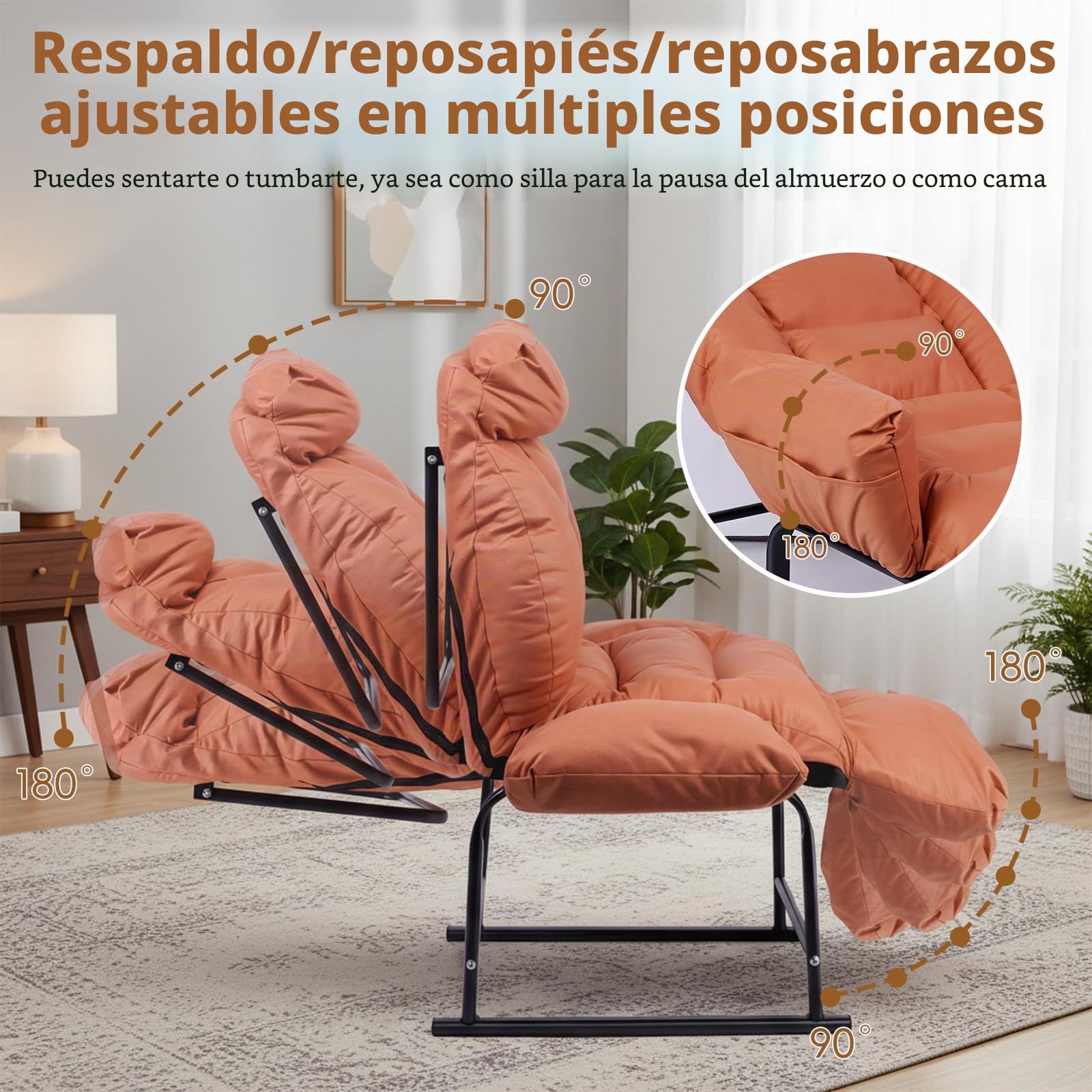 Sillón Relax, Respaldo Reclinable 90°-180°, Estructura de Metal, Hasta 150kg, para Dormitorio Infantil, Dormitorio, Salón, Balcón, Naranja