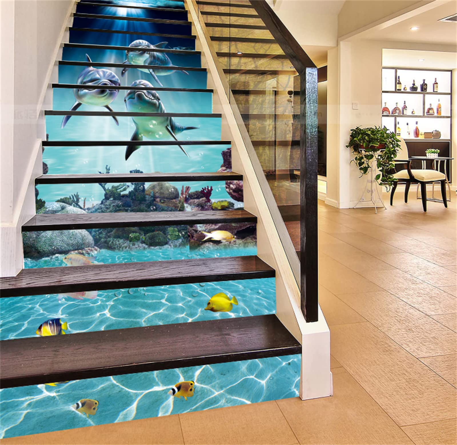 FLFK 15 Stück Treppen Aufkleber –3D Sonnenschein unter Meer Delfine zumabziehen und aufkleben Treppenaufkleber für Treppenstufen Heim Büro Dekor 39.37 "x7.09"