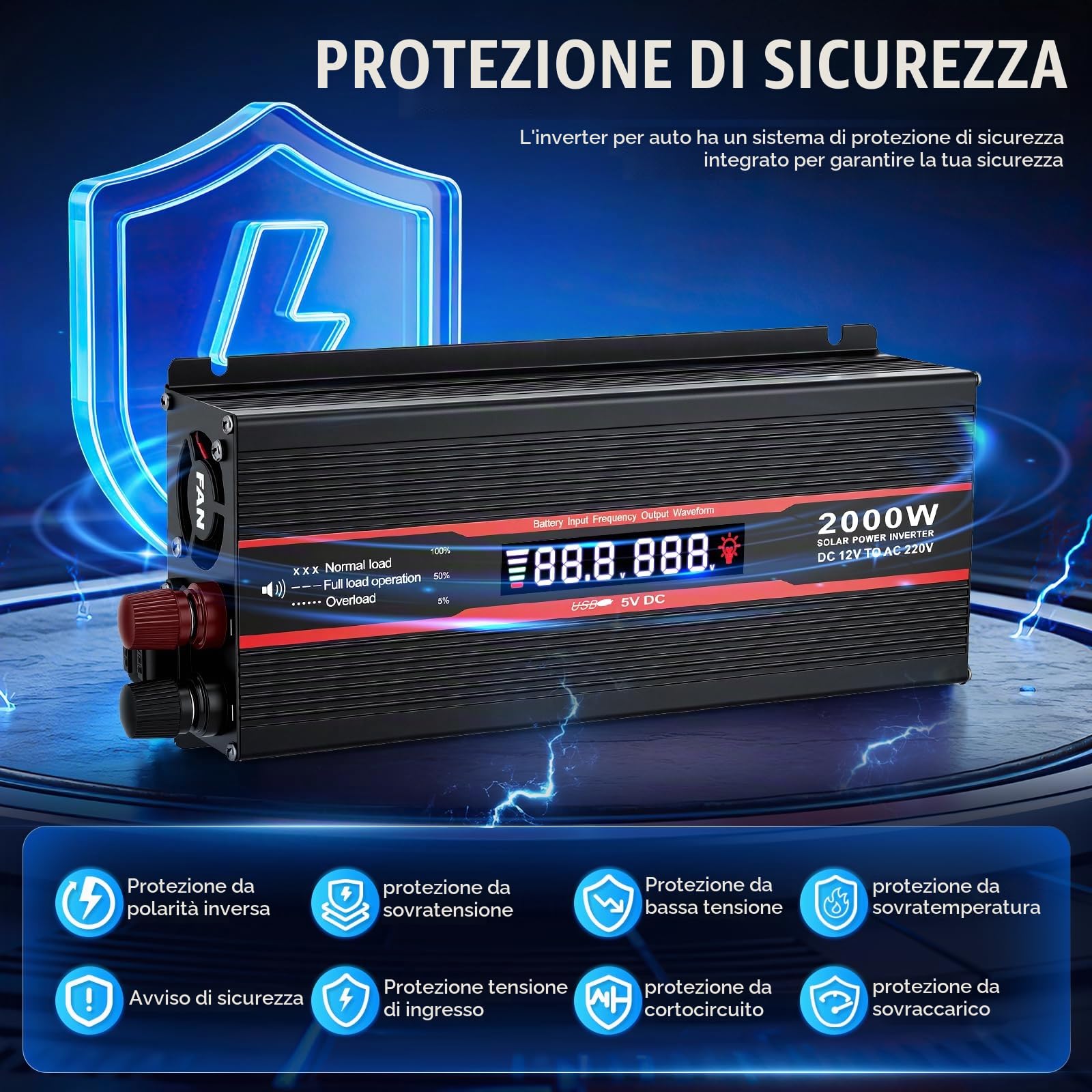 2000W Onda Sinusoidale Pura Power Inverter DC 12v in AC 220v Trasformatore Convertitore di Tensione con Display LCD Intelligente, EU Presa, porta USB e accendisigari per auto, camion, roulotte