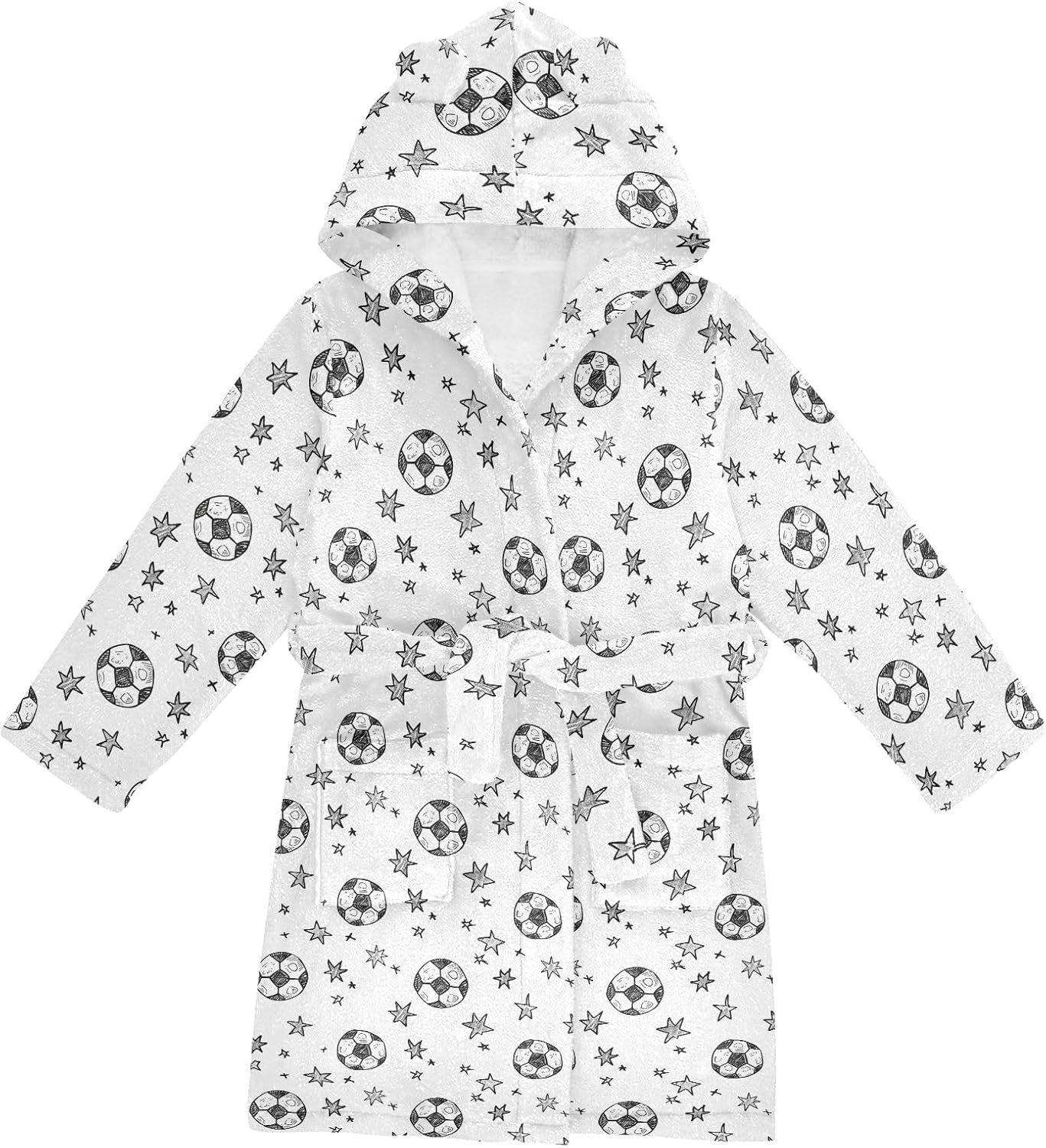 Cute Football Doodle Pattern Toddler Hooded Bathrobe for Boys Girls Soft Plush Bath Towel Robe 2-12 Years