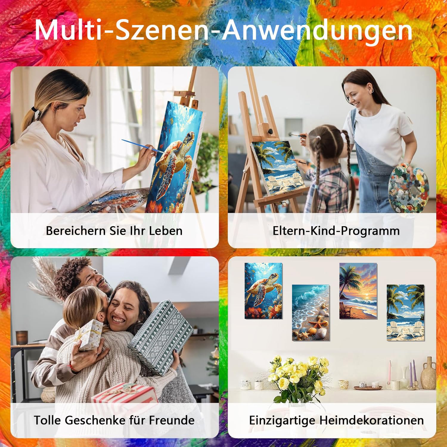 Pujeknm 4 Stück Malen nach Zahlen Erwachsene mit Rahmen - Holzstaffelei, Strand Malen nach Zahlen auf Leinwand, DIY Meeresschildkröte Acryl Ölmalerei Kits mit Pinseln für Home Wall Decor, 20x30 cm