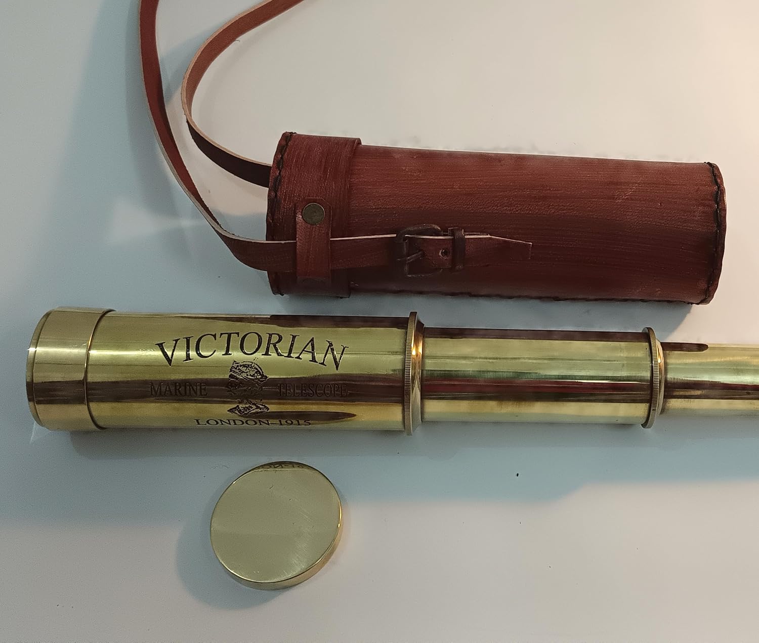 Victorian Brass Telescope with Leather Case, 15 inch Handheld Spyglass, Brown
