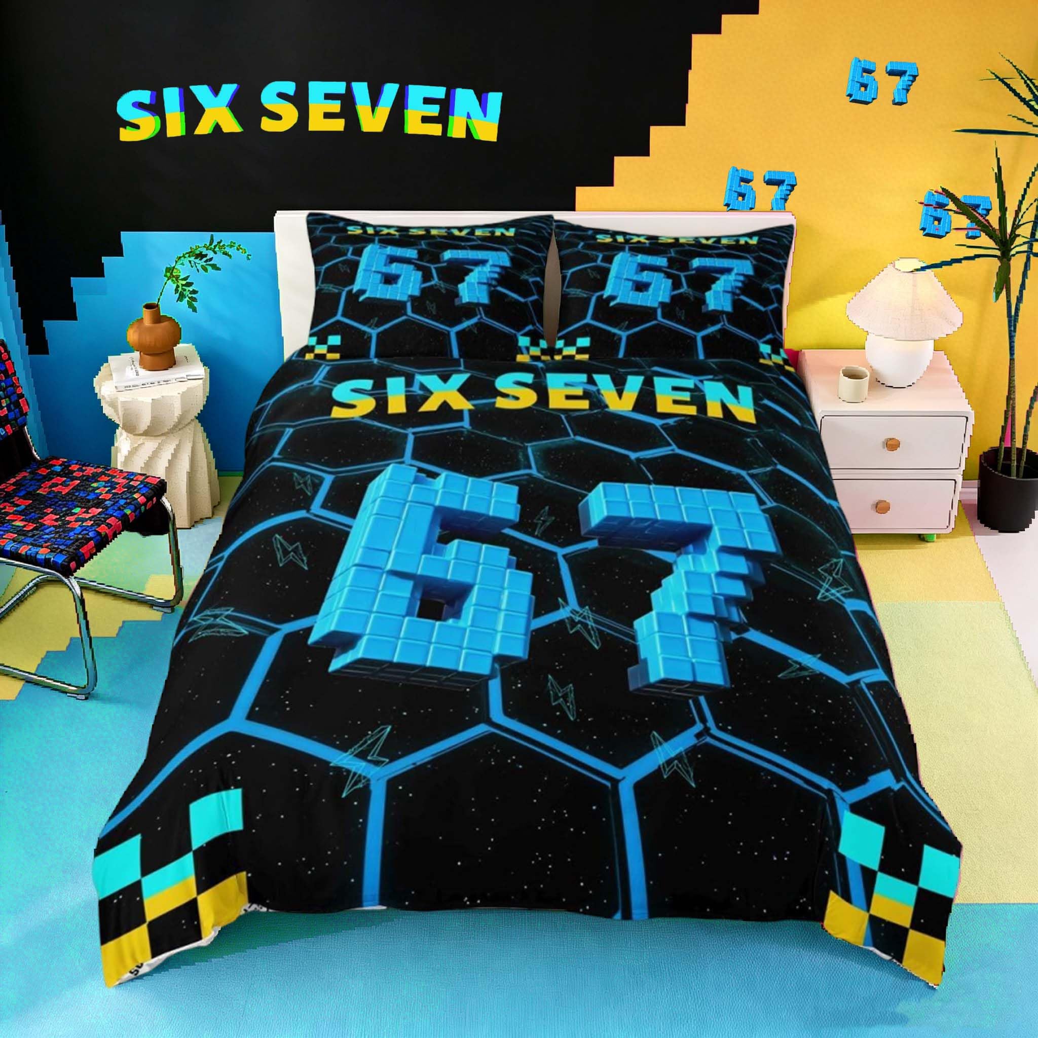 Homemissing Blue Honeycomb Six-Seven Duvet Cover Set Double Size for Kids Boys Girls Meme 67 Bedding Set 3D Pixel 6-7 Duvet Cover with 2 Pillowcases Geometric Hexagonal Bedding