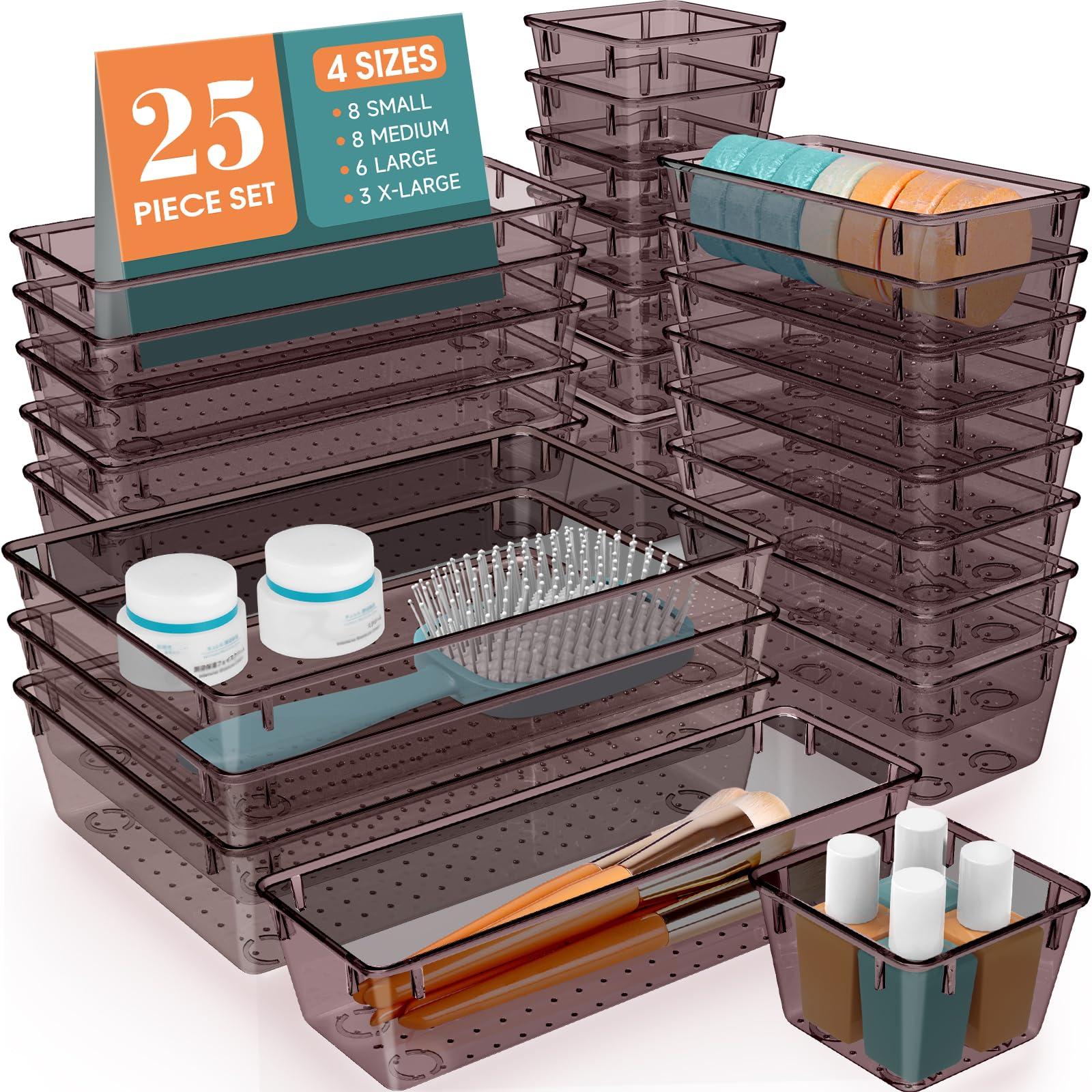 WOWBOX 25 PCS Clear Drawer Organizer Set, 4 Sizes, Brown | Bathroom Drawer Organizer Bulk Pack - main product image