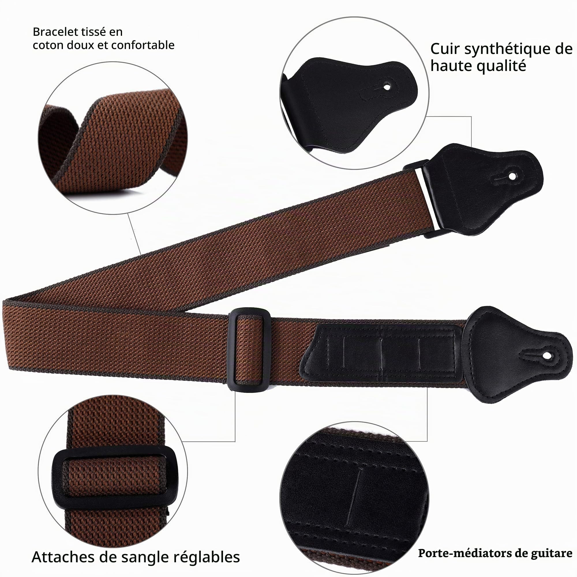 Sangle de Guitare Réglable en Coton - Bandoulière Confortable Avec 3 Porte-médiators pour Guitare Folk, Acoustique, Électrique et Basse (Marron)
