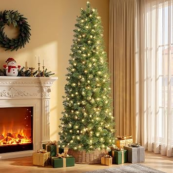 SHareconn Prelit Artificial Pencil Christmas Tree 7.5FT & Warm White Lights