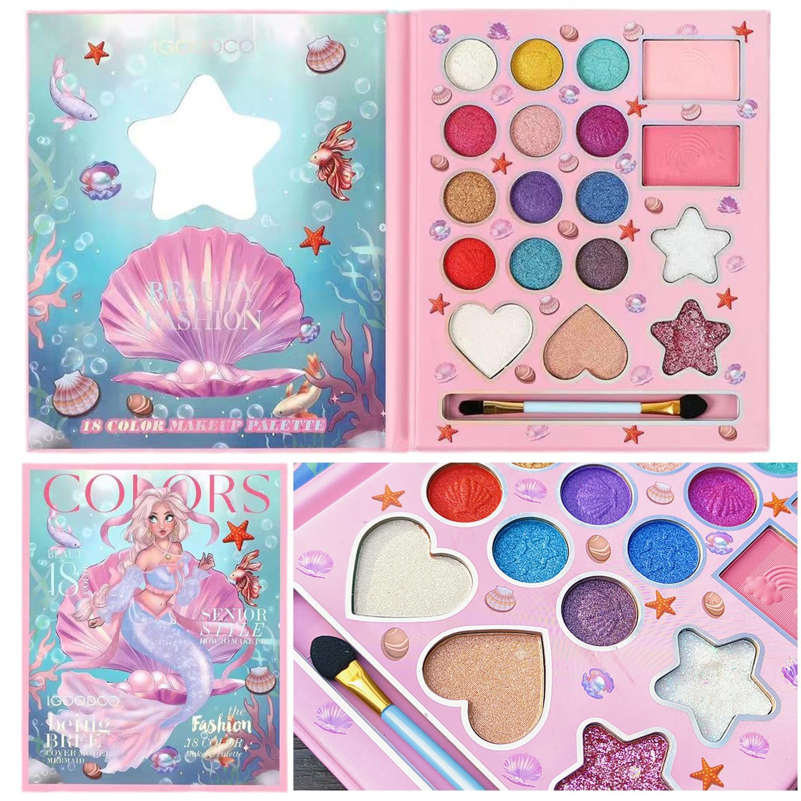 Set Maquillaje para Niñas,Estuche Maquillaje Niña con 1 cepillos Lavables, Juego de Maquillaje No Tóxico, para Navidad Regalo,actuaciones en Escenario, Halloween (18 Colores)