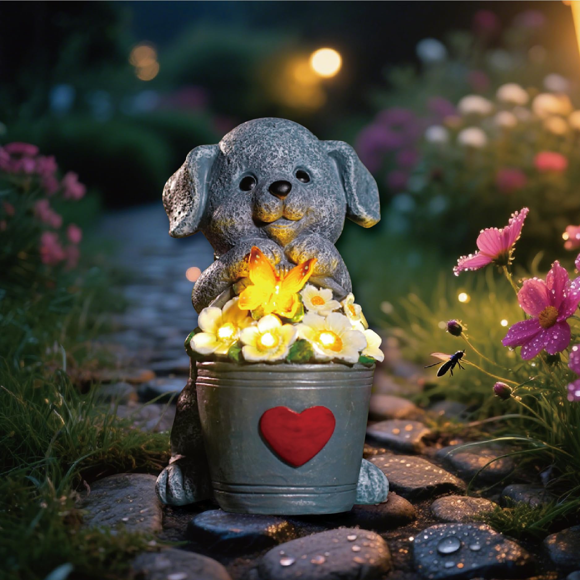 Figurines de chiens avec papillons lumineux : éclairage solaire étanche de qualité