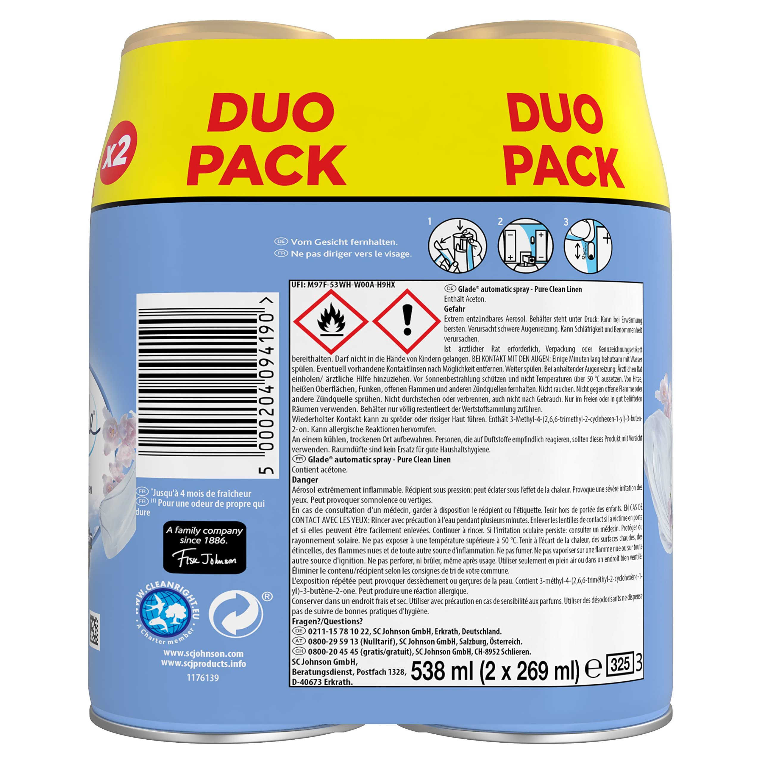 Glade Brise Automatic Spray Recarga para ambientador de ambientador, paquete doble, Pure Clean Linen (2 x 269 ml), 538 ml