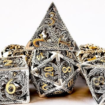 Hollowed Metal Dice Featured with 3D Dragon, Hollow Metal Dungeons and Dragons Dice Set for Pathfinder RPG Shadow Run, Chrome+Gold Lettering
