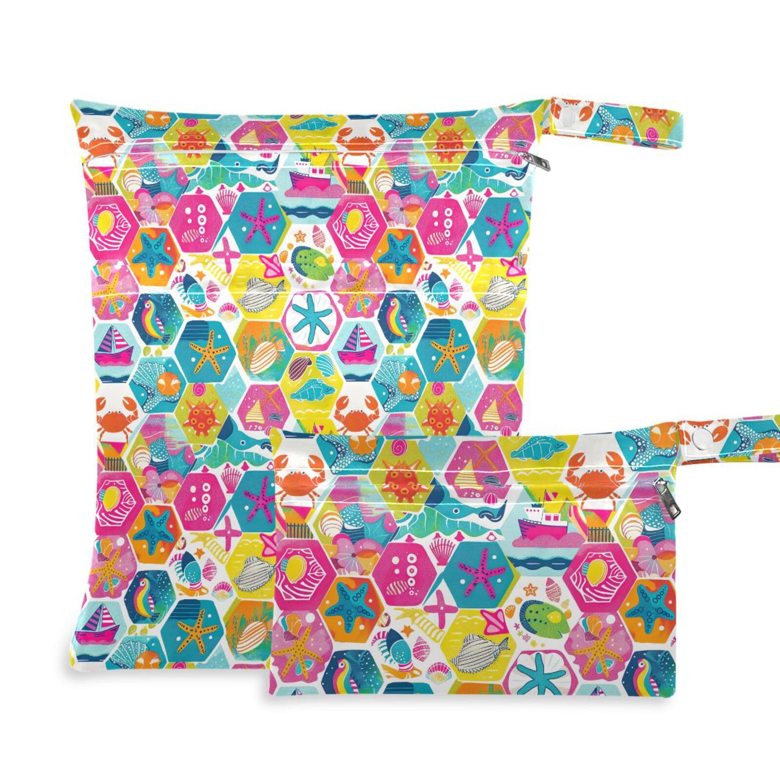 Coikll Wet Dry Bags for Cloth Diaper 2 Pack Waterproof Yoga Gym Bag for Swimsuit Wet Clothes Baby Items-?Geometric Benthic Organisms?