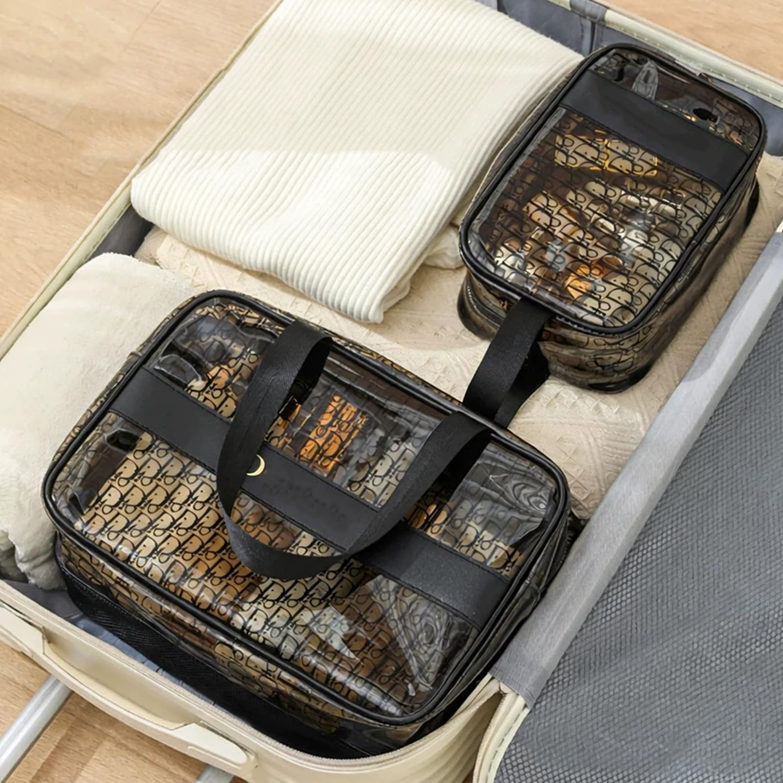 Borsa da Toilette Wash Bag da Travel Kit Viaggio, Trousse Pochette Trucchi Donna per Viaggio, in PVC Trasparente, con Scomparti, Manico Allargato, Cerniera in Metallo, Compatta