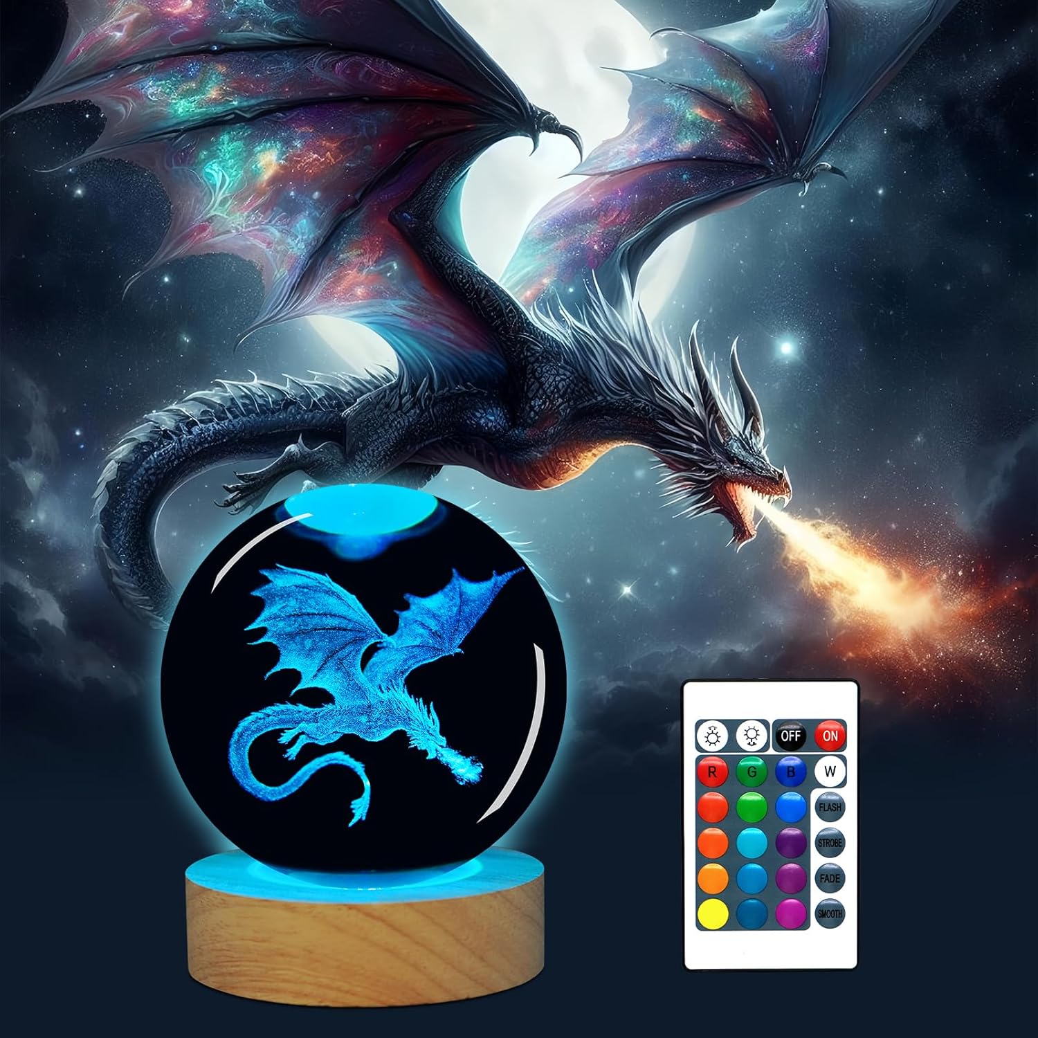 3D Dragon Lamp Night Light Gift, 16 Colors Crystal Ball Light Decor with Remote, Fantasy Dragon Figurine Decoration Ornament for Dungeons and Dragons DND Birthday Christmas Gifts Accessories Women Men