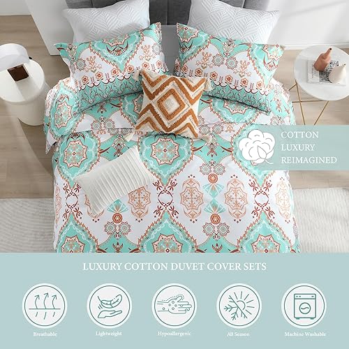 Miniatura 10 de Juego de funda de edredón con estampado geométrico azul marino, 100% algodón, con patrón bohemio abstracto, tamaño Queen, 3 piezas, incluye 1 funda