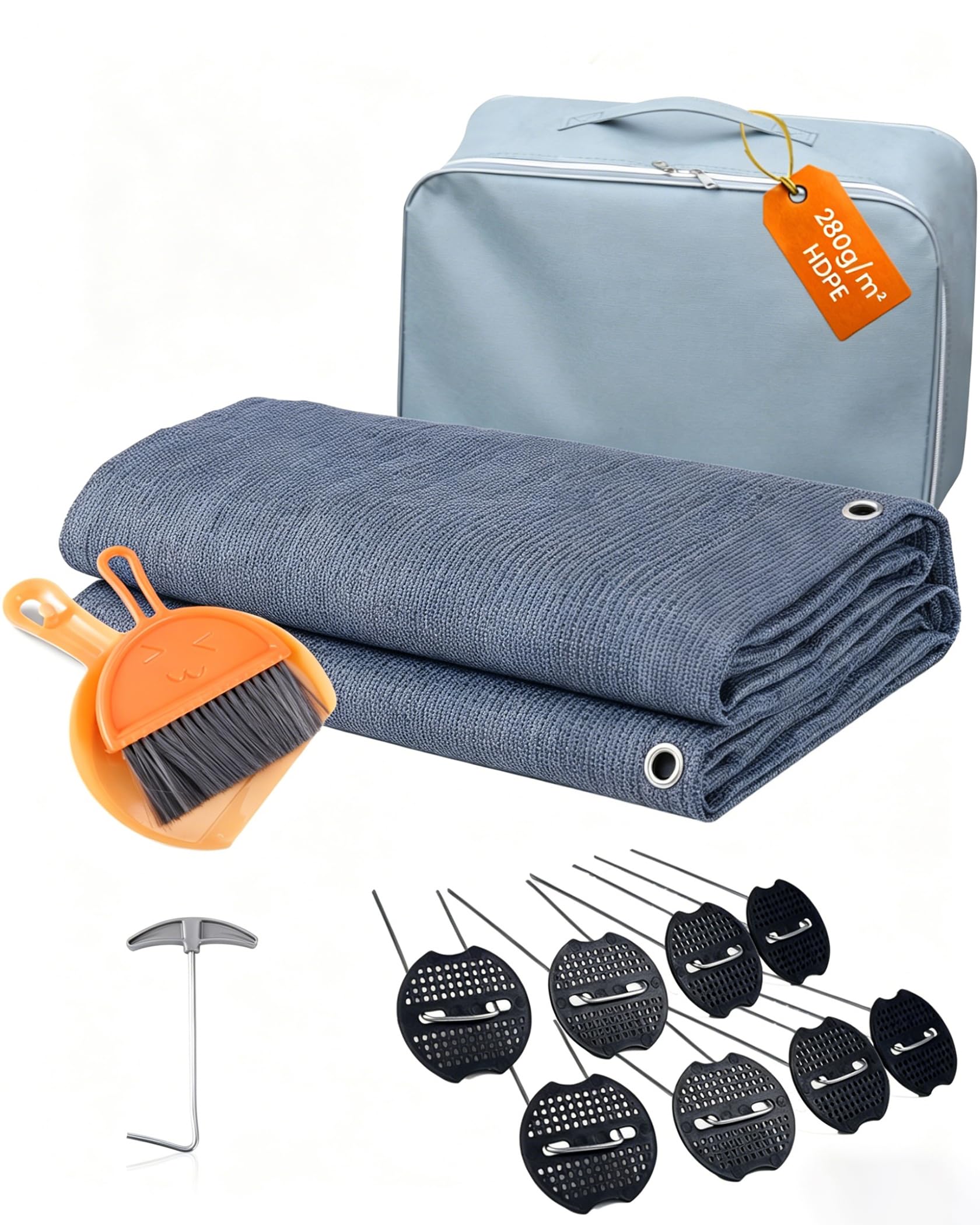 Ezcasch Awning Carpet 2.5x6m Camping Carpet with Eyelets 280g/㎡ Breathable Groundsheet for Awning including U-shaped Nails, Nail Puller, Small Broom Set and Storage Bag
