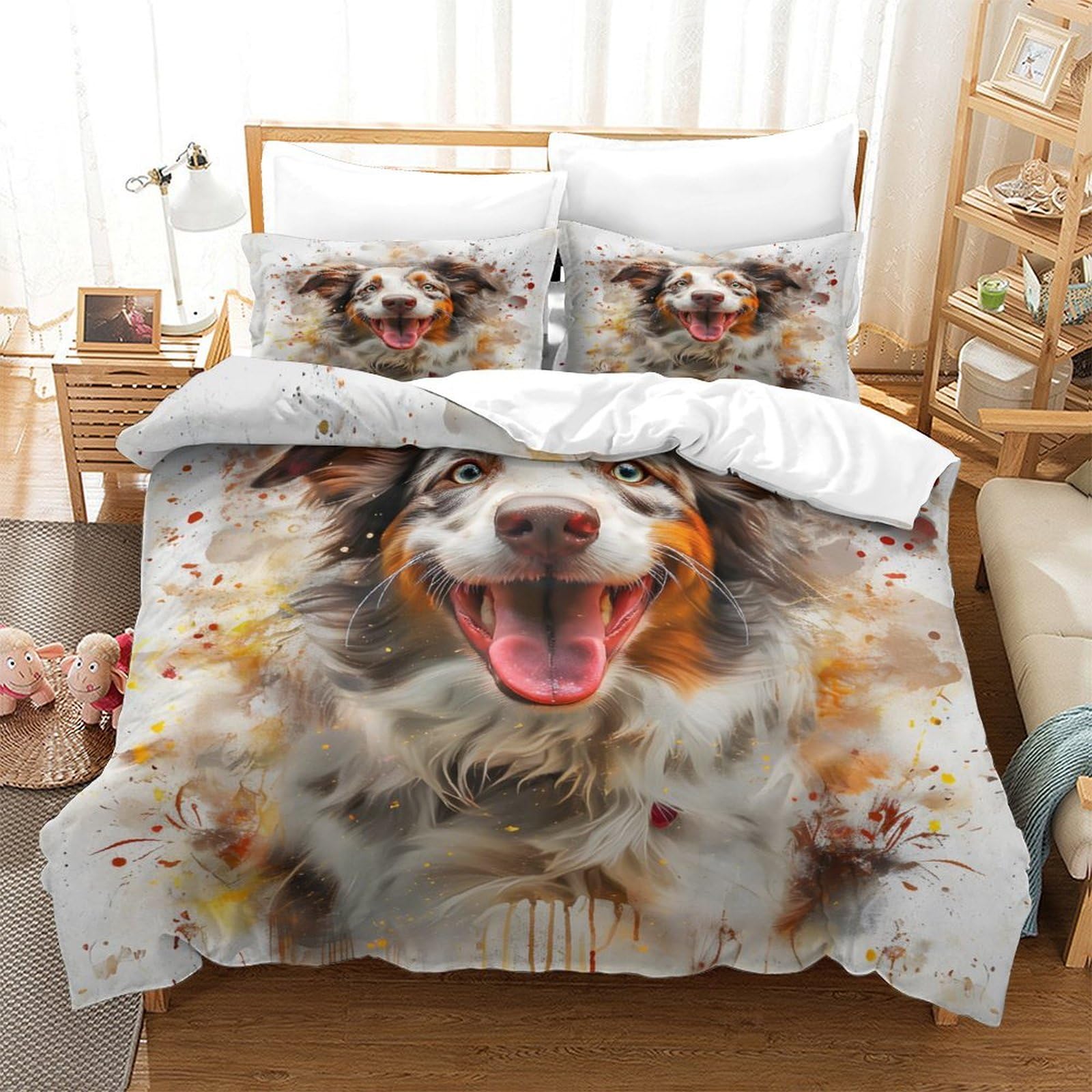 GDEKCIEAS Australian Shepherd 3Pcs Kids Bedding Set,Soft Microfiber Duvet Cover Microfiber with Zipper,Boys And Girls Quilt Cover - Breathable Single（140x200cm）