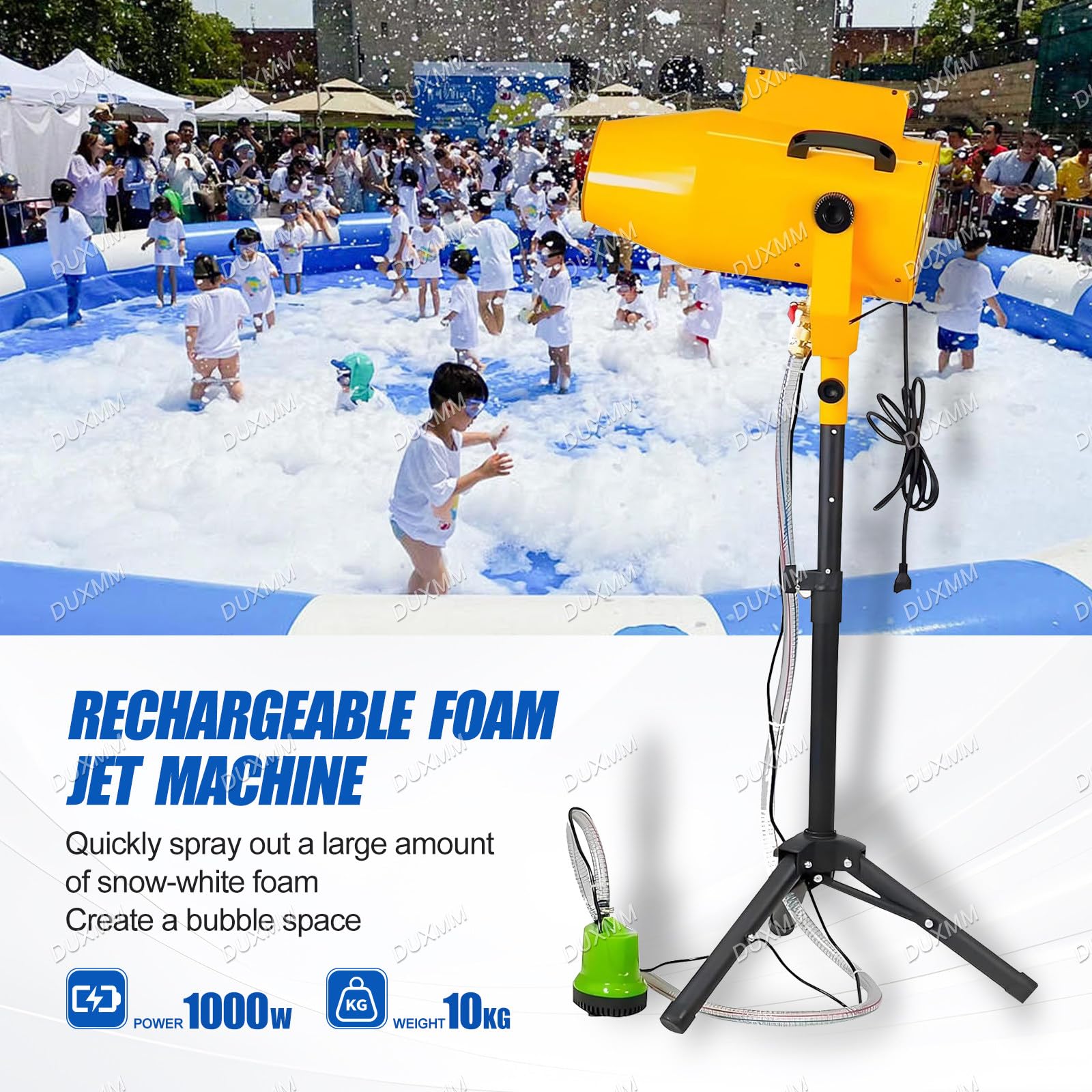 Maszyna do robienia piany imprezowej, 1000 W, produkcja pianki 20 m³/min, zasięg 6-10 m, pistolet do baniek mydlanych na letnie imprezy przy basenie,Yellow