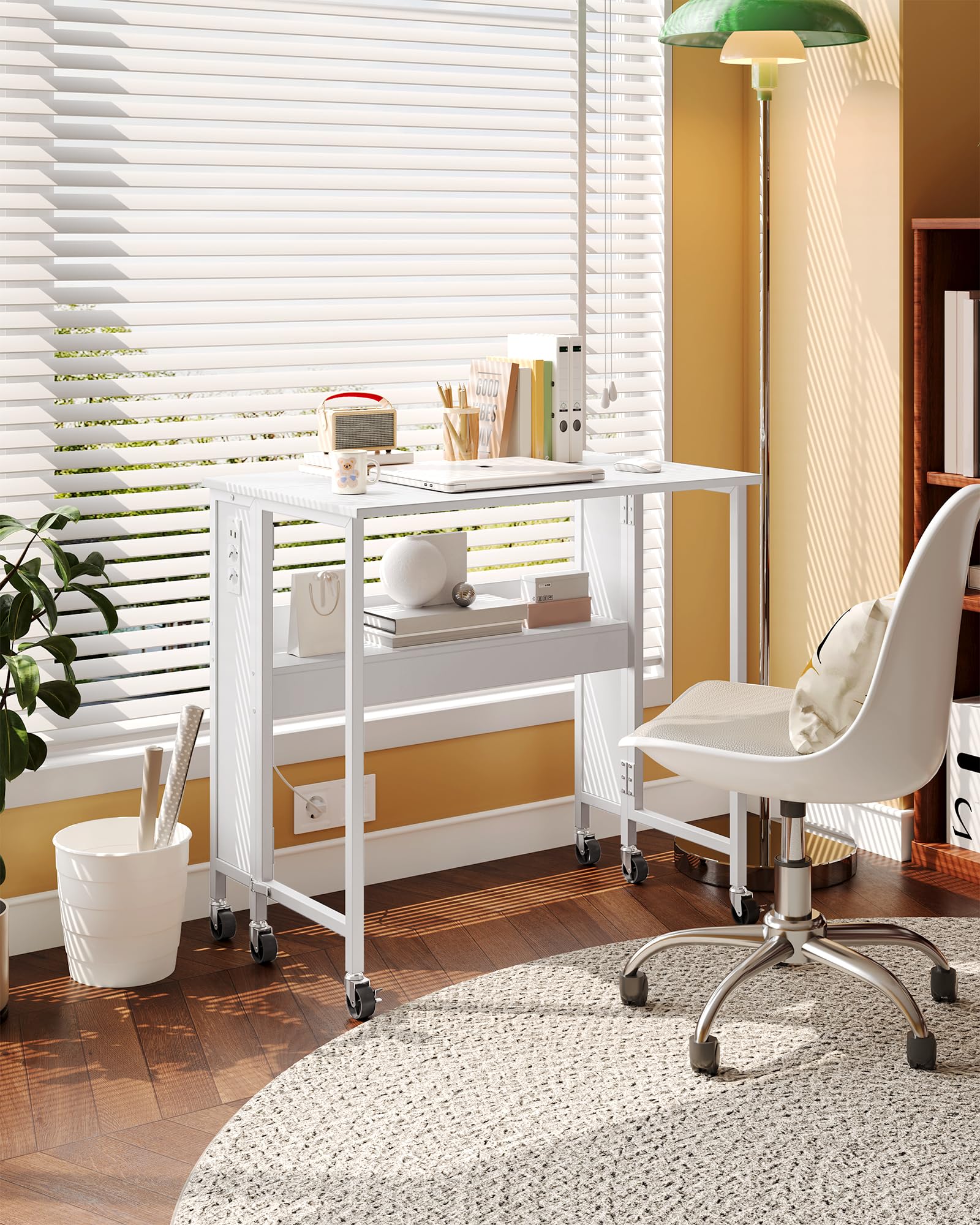 CHOEZON Tavolo pieghevole per computer con ruote, piccolo tavolo pieghevole con base di ricarica, 80 cm, scrivania pieghevole per piccoli spazi, soggiorno, camera da letto, bianco DTDN01CWB