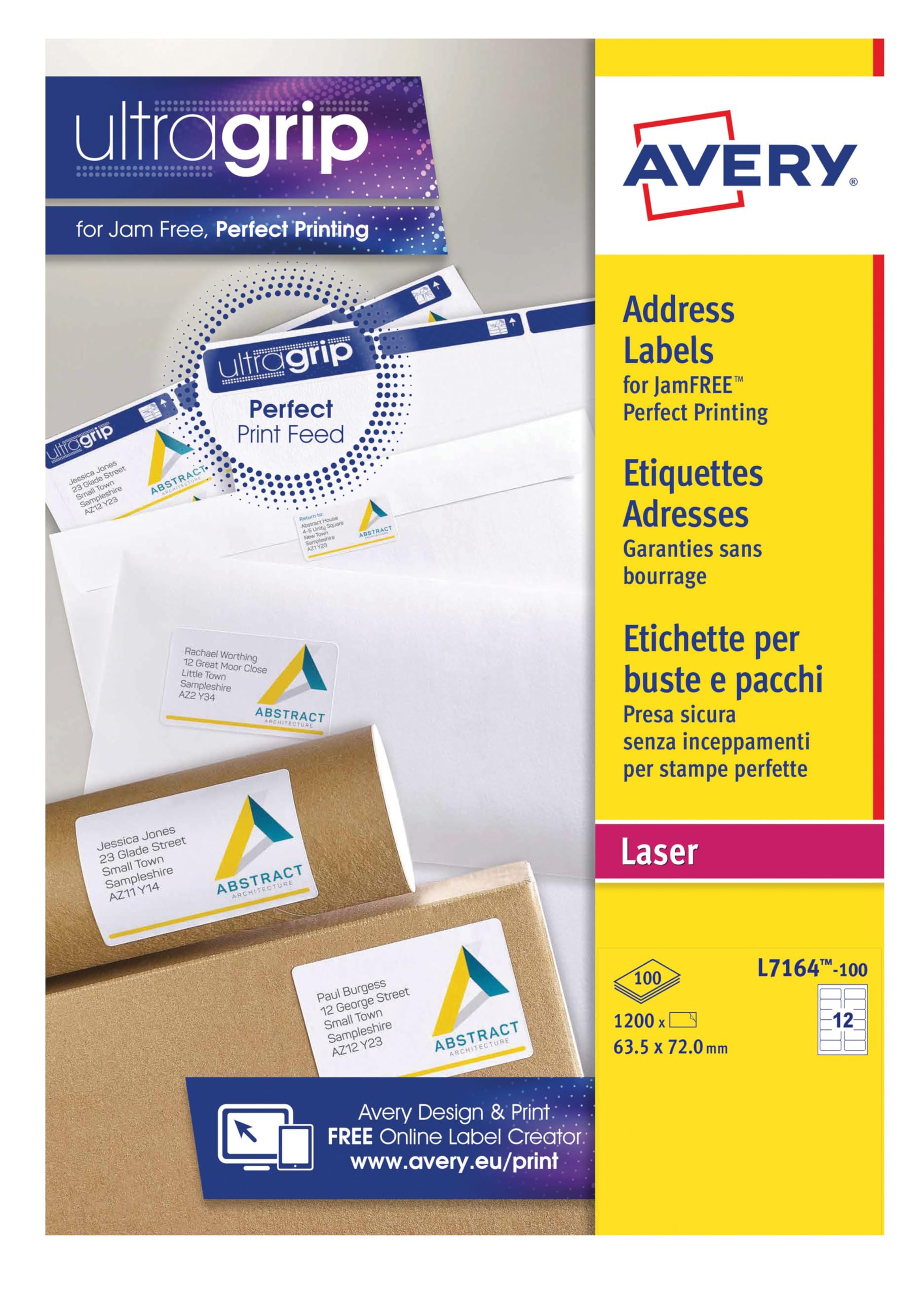 Avery White 63.5x72mm Laser Address Labels / 12 Per Page / 100 Sheets L7164-100
