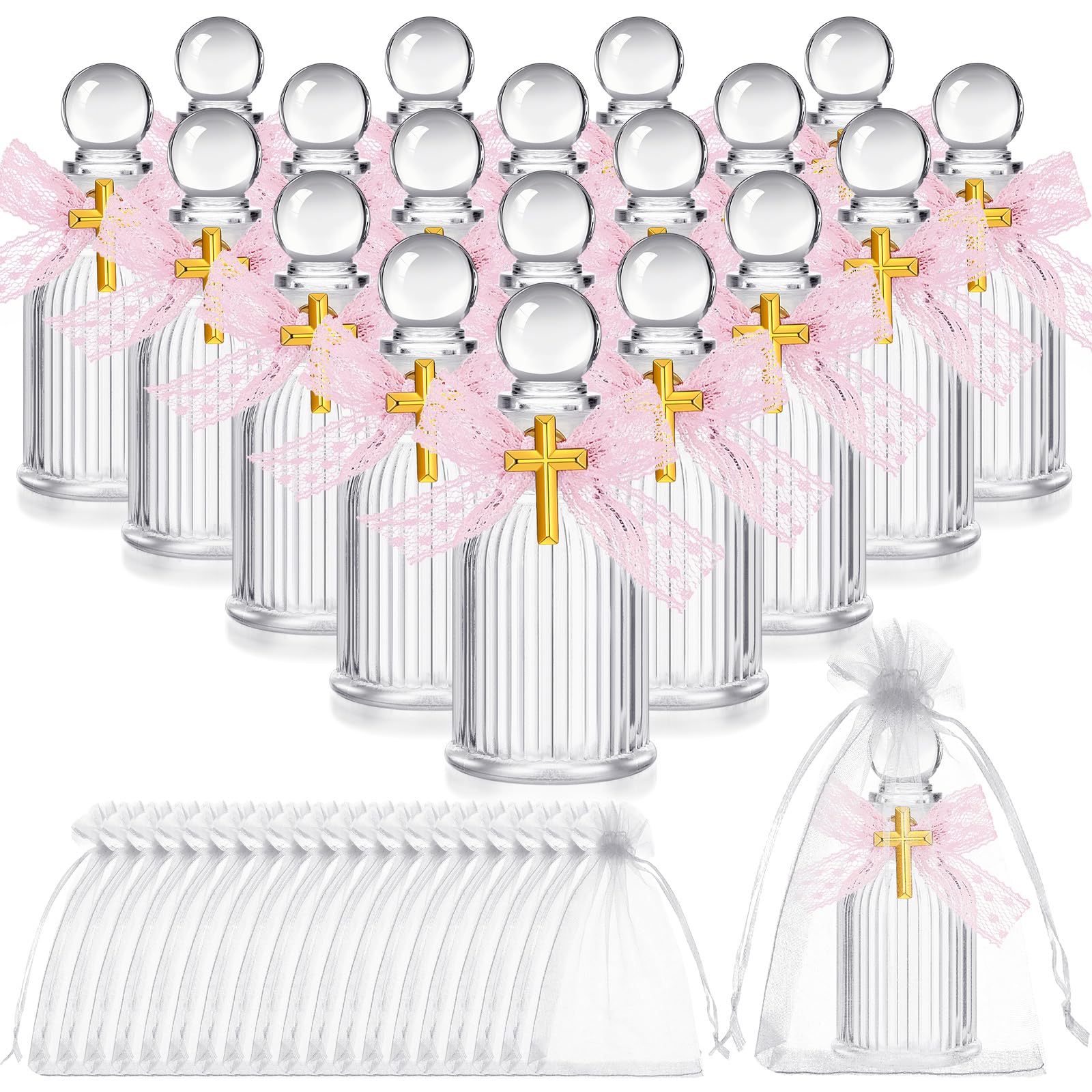 SiliFine 20 Set Holy Bottles Glass 40ml Holy Container Empty Containers with Gold Cross for Catholic Christian Church Halloween First Communion Baptism Party Favor Gifts (Pink Bow)