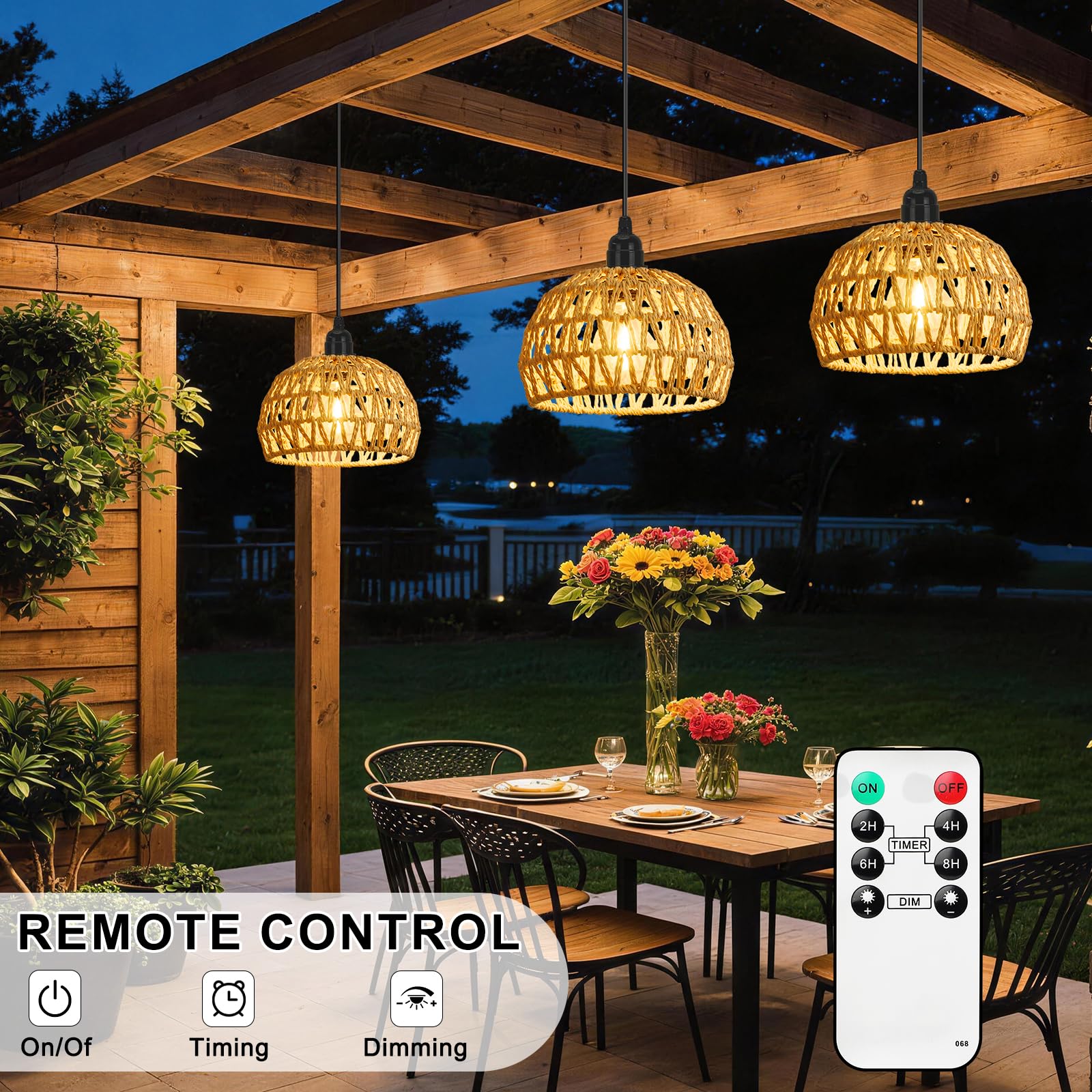 Lightess LampadariLightess 3x Lampadario con Batteria - Lampada a Sospensione Portatile Dimmerabile Telecomando, IP65 per Esterni e Interni, Stile Boho, per Giardino, Terrazza, Tavolo (Senza Fili)