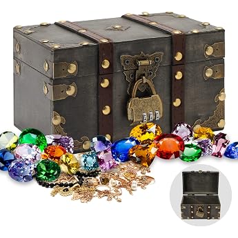 Umilki Wooden Treasure Chest Vintage Wooden Treasure Chest Children with Lock 18 x 11.5 x 10.5 cm Wooden Chest Pirate Box for Storage and Decorating Gifts
