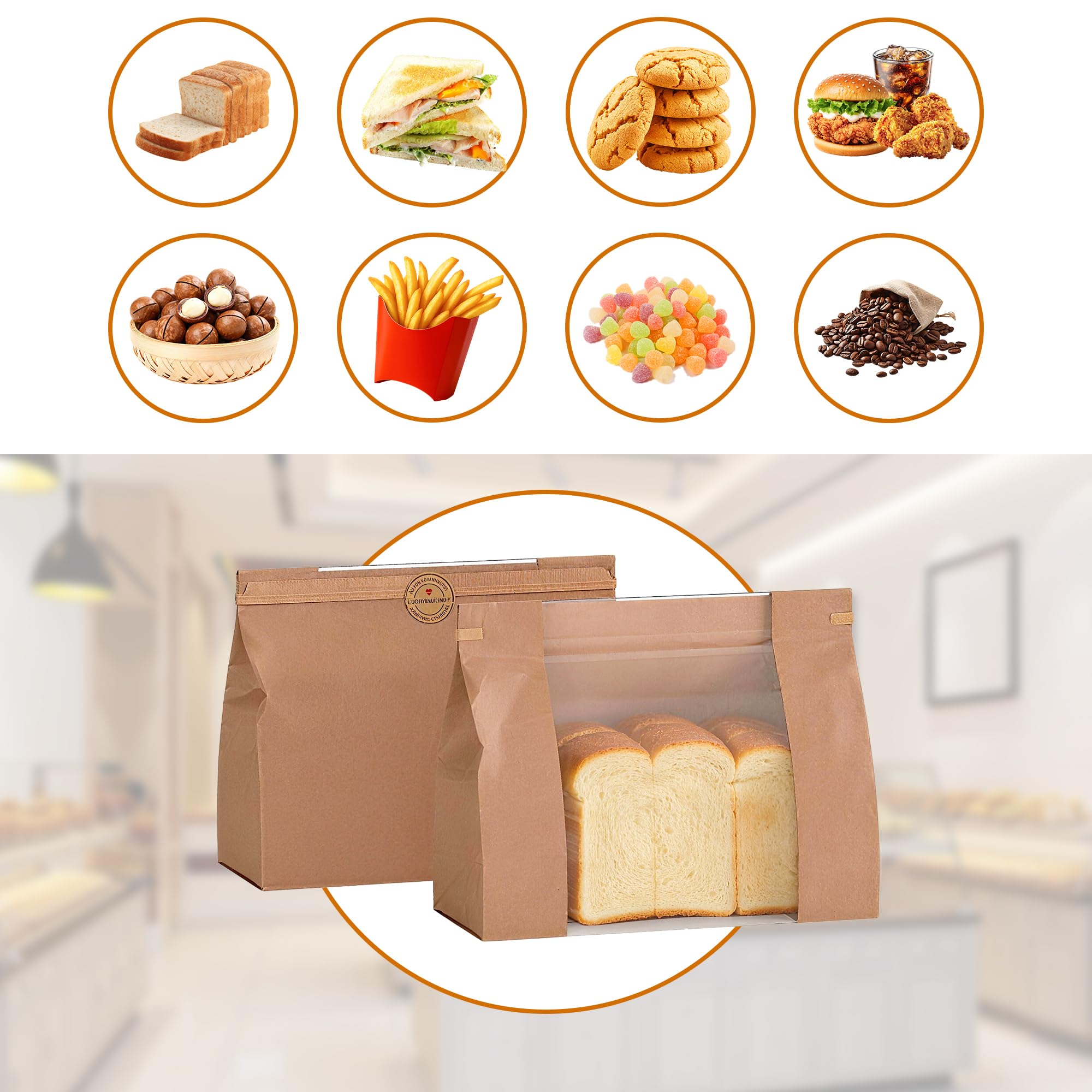 100 Stück Brottüten Papier 26x11x26cm mit Fenster | 80gsm PE-Beschichtung, Frisch Halten, Faltbar, Groß Kraftpapiertüten mit Fenster und Aufklebern, für Toast, Kekse, Cookies