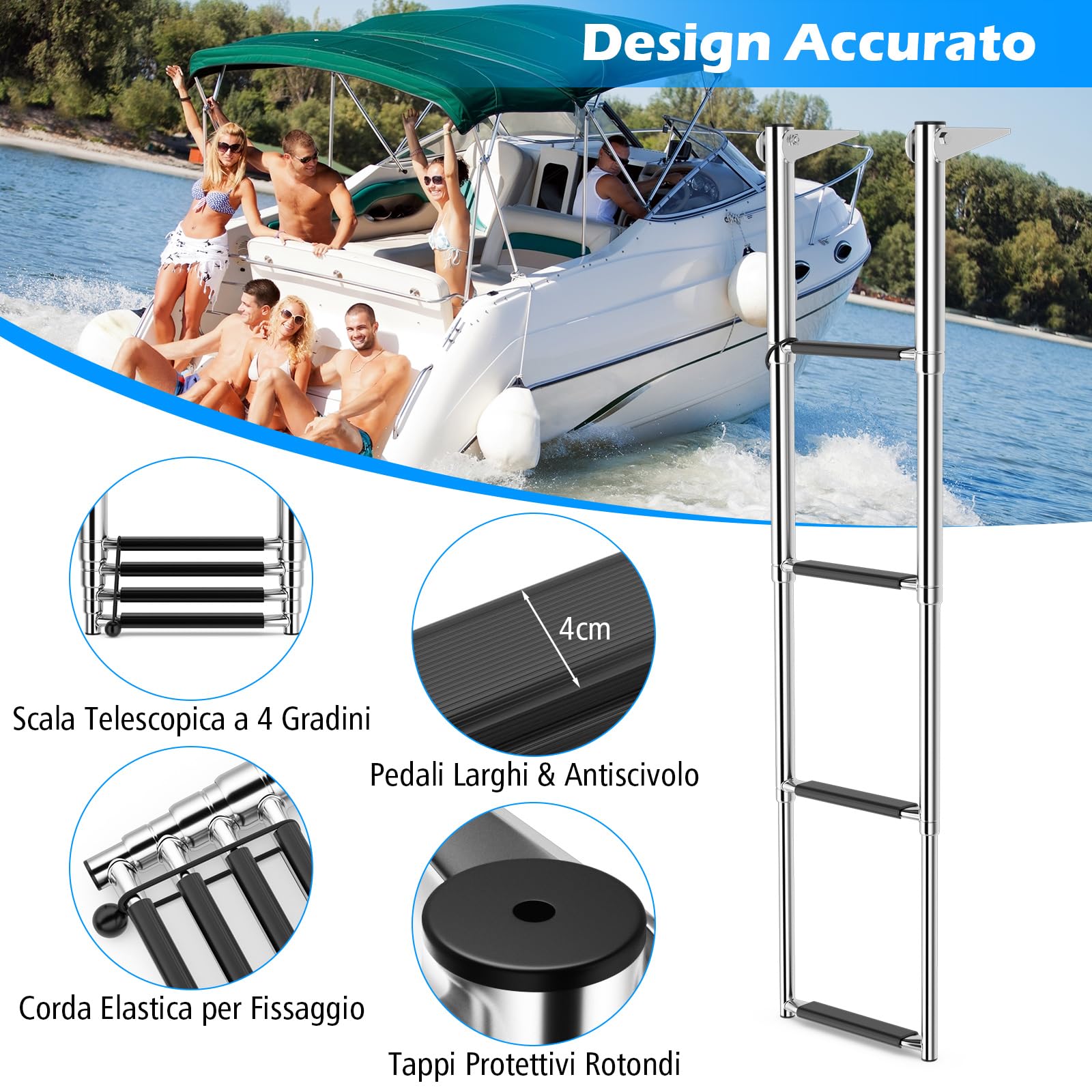 GYMAX Scala Telescopica in Acciaio Inox a 4 Gradini per Barca Pontone, Scala Piattaforma di Nuoto con Gradini Antiscivolo, Scala Estensibile Pieghevole per Barca, Carico di 227 kg