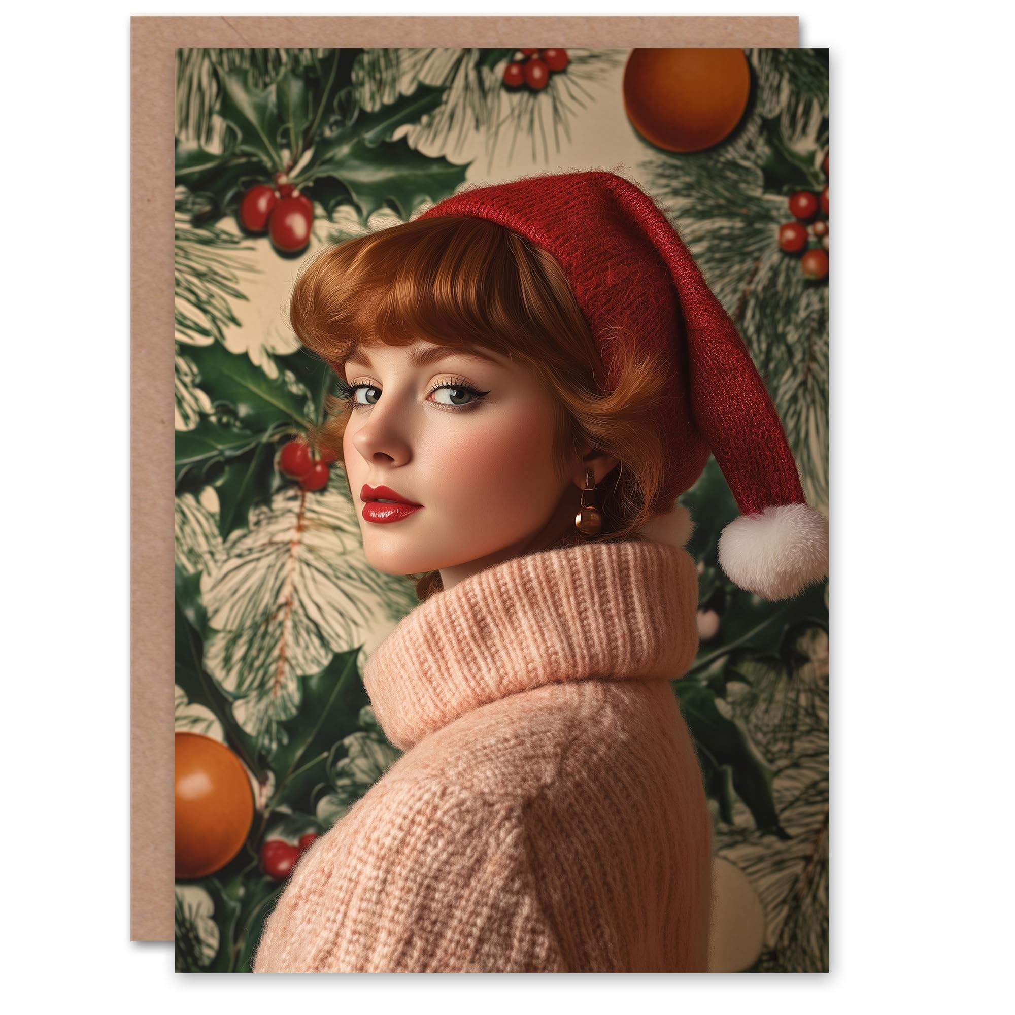 Artery8 Santa Hat Redhead Holly Bauble Portrait Blank For Him Or Her Art Xmas Festive Christmas Card