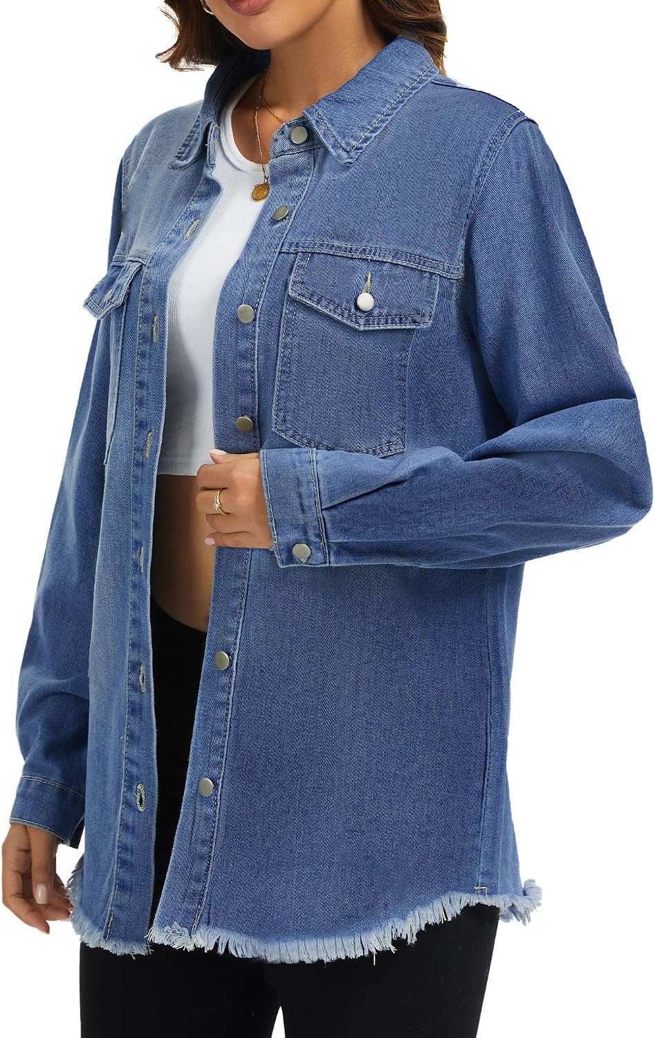 Women's Oversized Jean Jacket Casual Long Sleeve Distressed Denim Shacket image 3