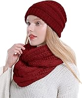DoubleCouple Women's Thick Winter Beanie Hat & Infinity Scarf Set - Warm Knit Loop Scarf for Cold Weather