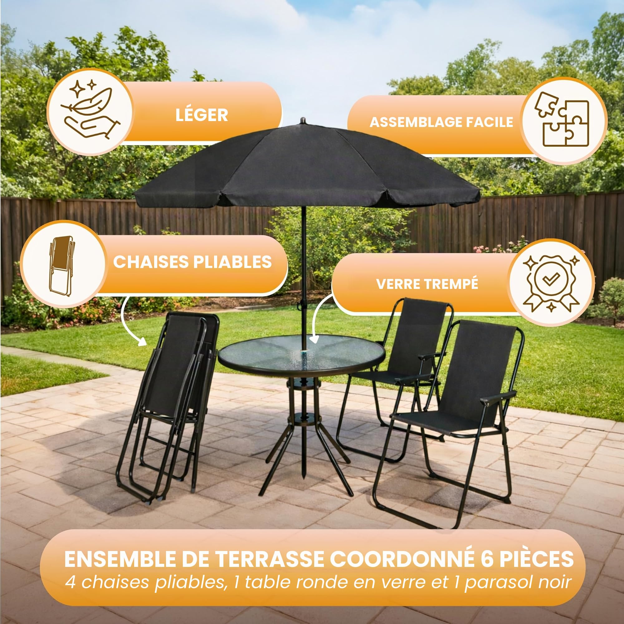 Garden Mile Ensemble de salle à manger de jardin rond 4 places avec parasol, 4 chaises pliantes et table ronde en verre trempé pour jardin, patio ou véranda (noir)