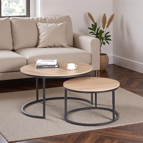 Miniatura 8 de CENSI Juego de 2 mesas de centro redondas anidadas, madera de roble natural de 31.5 pulgadas y marco de metal, modernas mesas centrales apilables