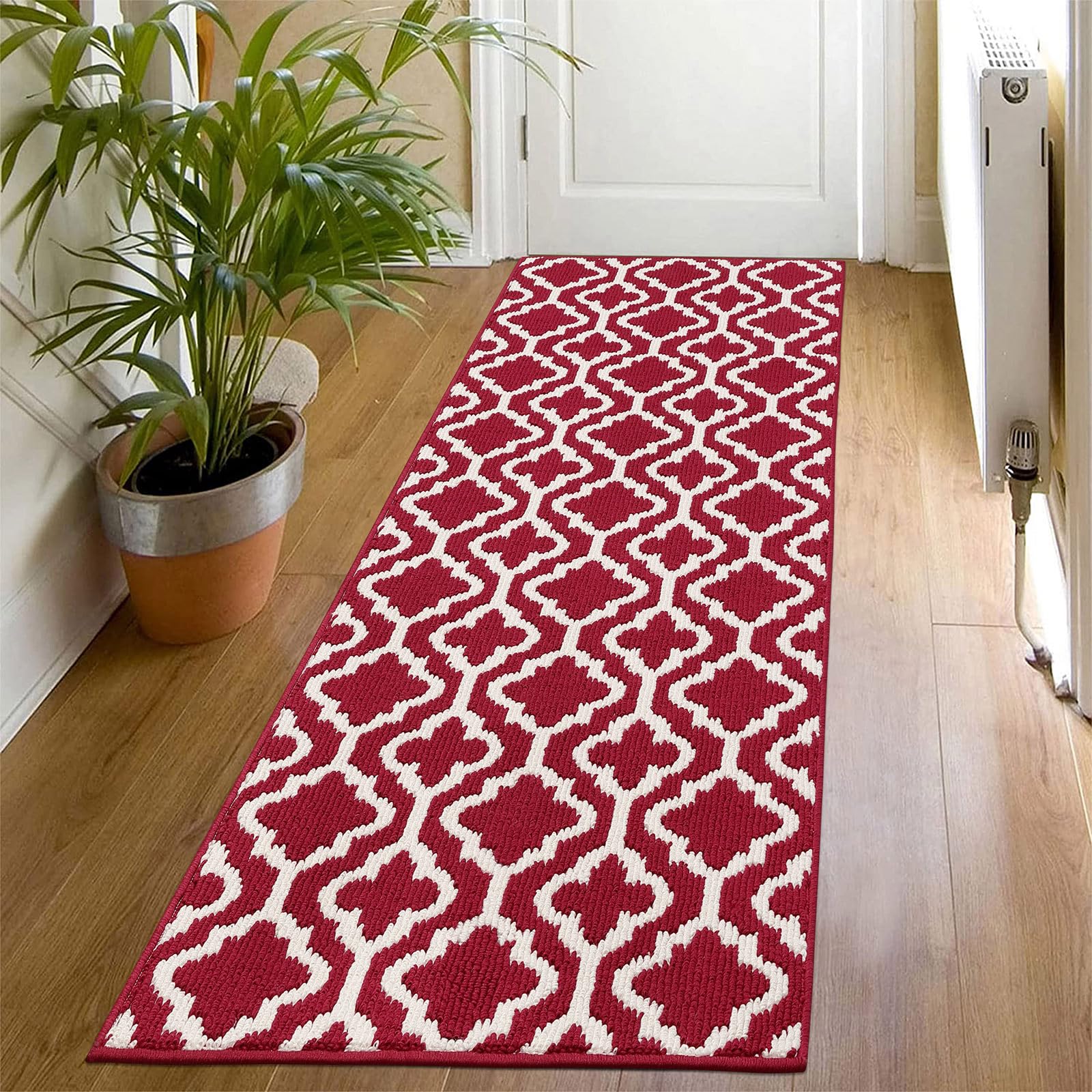 SHACOS Hallway Runner Rug Non Slip 60 x 180 cm Runner Rug for Hallway Washable Narrow Hall Runner Rug Long Door Mats Indoor Floor Carpet Runner Rug for Entryway Kitchen - Red