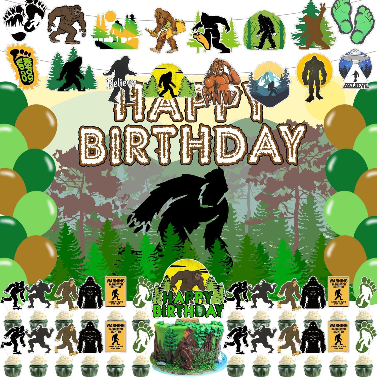 Photo 1 of Bigfoot Birthday Decorations Happy Birthday Backdrop Banner Cake Topper Cupcake Picks Crossing Balloons Bigfoot Bday Party Supplies