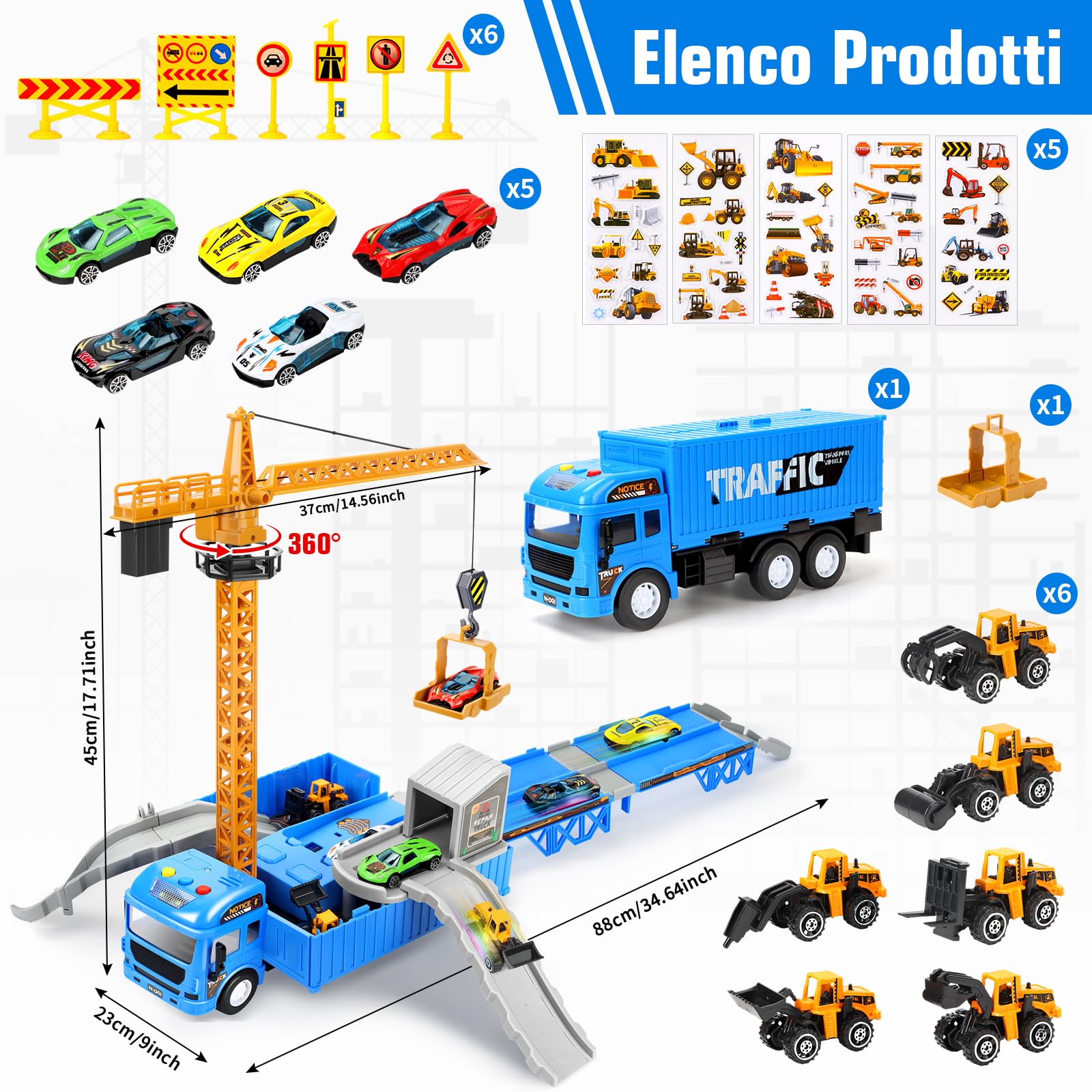 Charmofun Camion Cantiere Giocattolo per Bambini, Camion Set Veicoli da Cantiere con Musica, Luci, Doppia Pista e Torre Gru, Incluse Bulldozer, Trattore, Carrello Elevatore, Rullo, Regalo per 3+ Anni