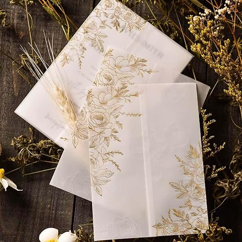 Miniatura 4 de Puremigo Paquete de 50 chaquetas de vellum preplegadas para invitaciones de 5 x 7 pulgadas, patrón de lámina de oro rosa, chaquetas de papel de