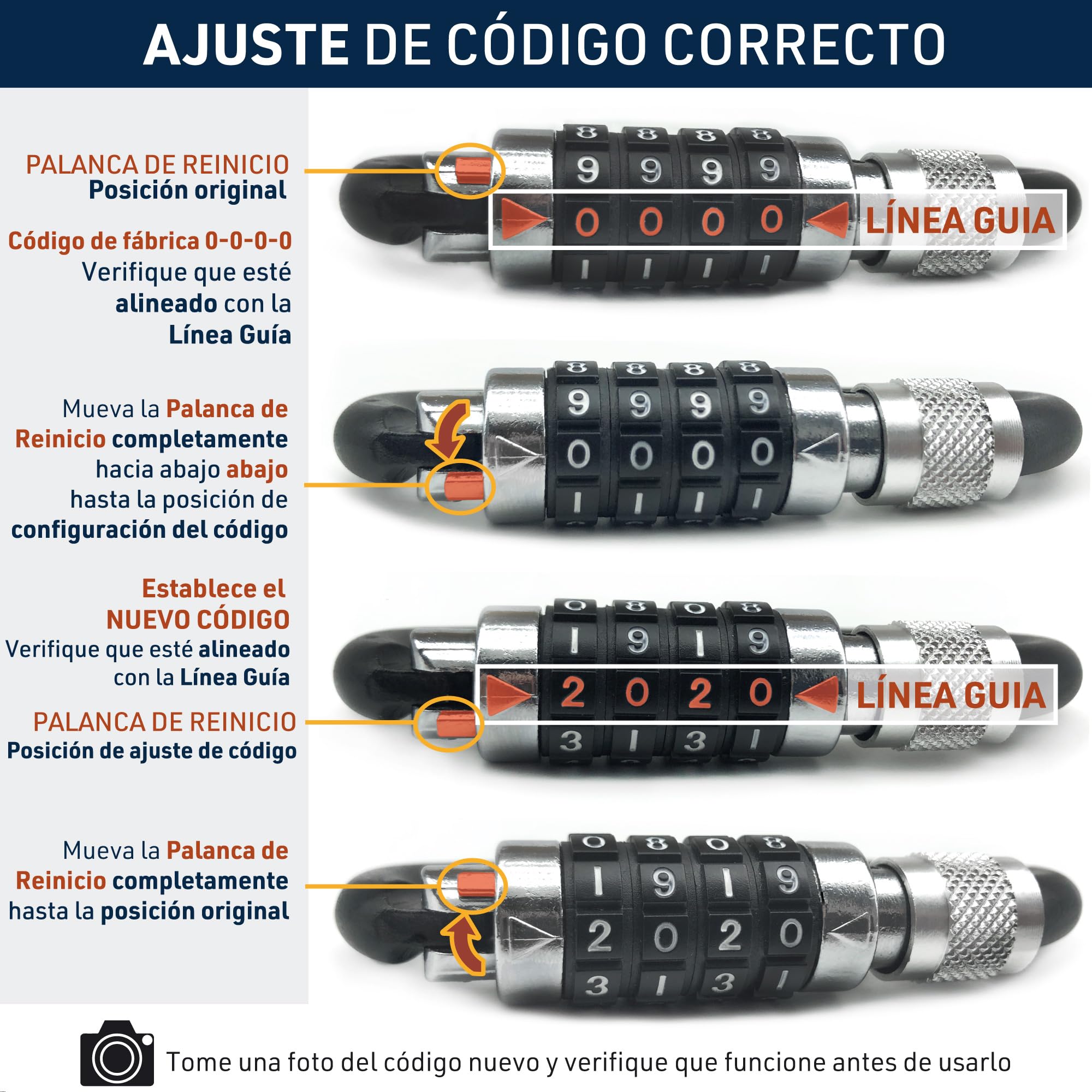 URBAN UR140 Candado Casco Moto, Mosqueton con Código 4 Digitos Más Seguro, Adaptador T Hebilla, Cable Seguridad Acero Trenzado Más Visible, Accesorio Antirrobo Universal para Casco Moto Bicicleta