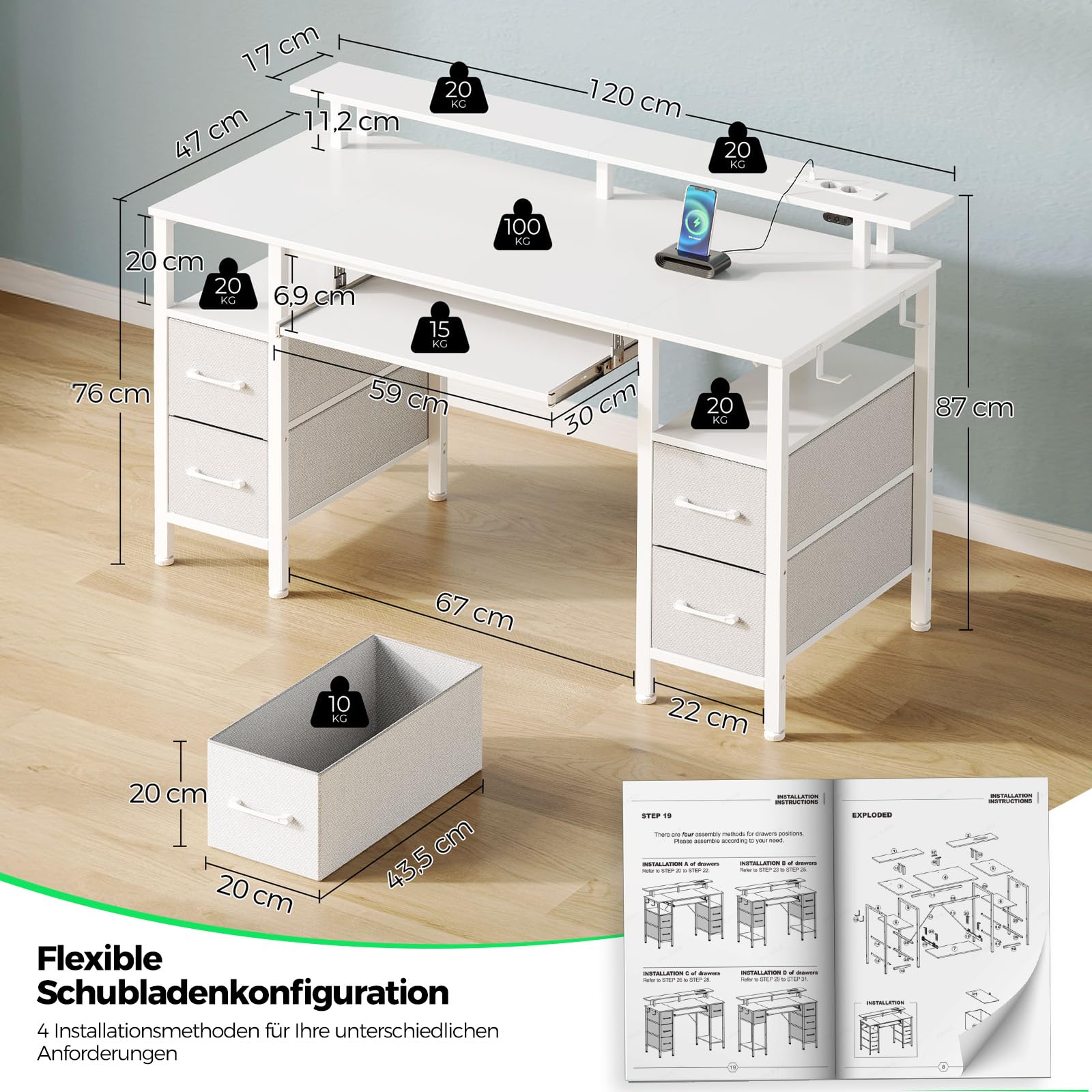 Rolanstar Schreibtisch mit Schubladen, 120x47cm Gaming Tisch mit Steckdose, LED & Monitorständer, Computertisch mit Tastaturablage, Gaming Schreibtisch für Home Office, Büro, Wohnzimmer, weiß