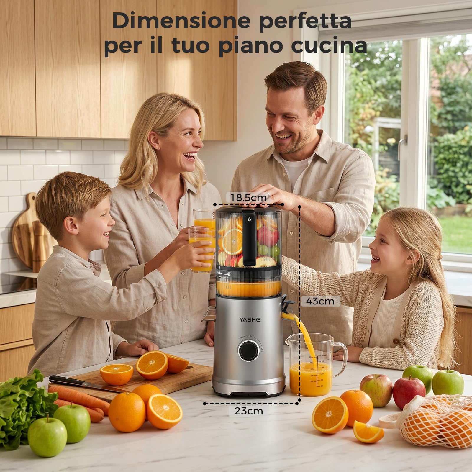 YASHE Estrattore di Succo a Freddo 600W, Bocca Extra Large 152 mm per Frutta e Verdura Intera, 3-in-1 per Succo, Sorbet e Latte Vegetale, Funzione Inversa, Senza BPA, Lavabile in Lavastoviglie