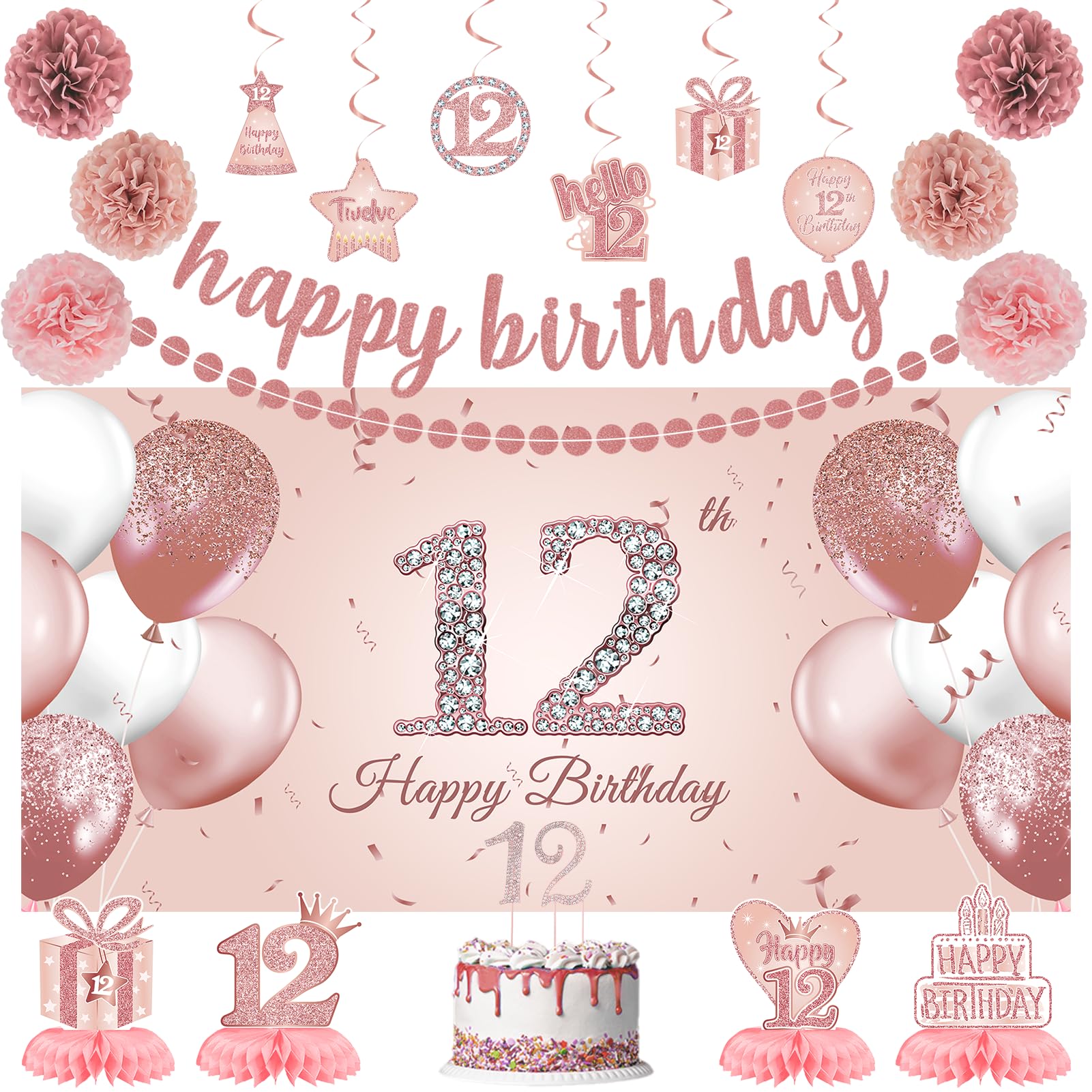 Roetyce 12th Birthday Decorations for Girls, 20PCS Rose Gold 12th Birthday Banner Pom Poms Hanging Swirls Centerpiece Cake Topper Kit, Pink Happy 12th Birthday Party Decor for Her, 12th BDay Backdrop