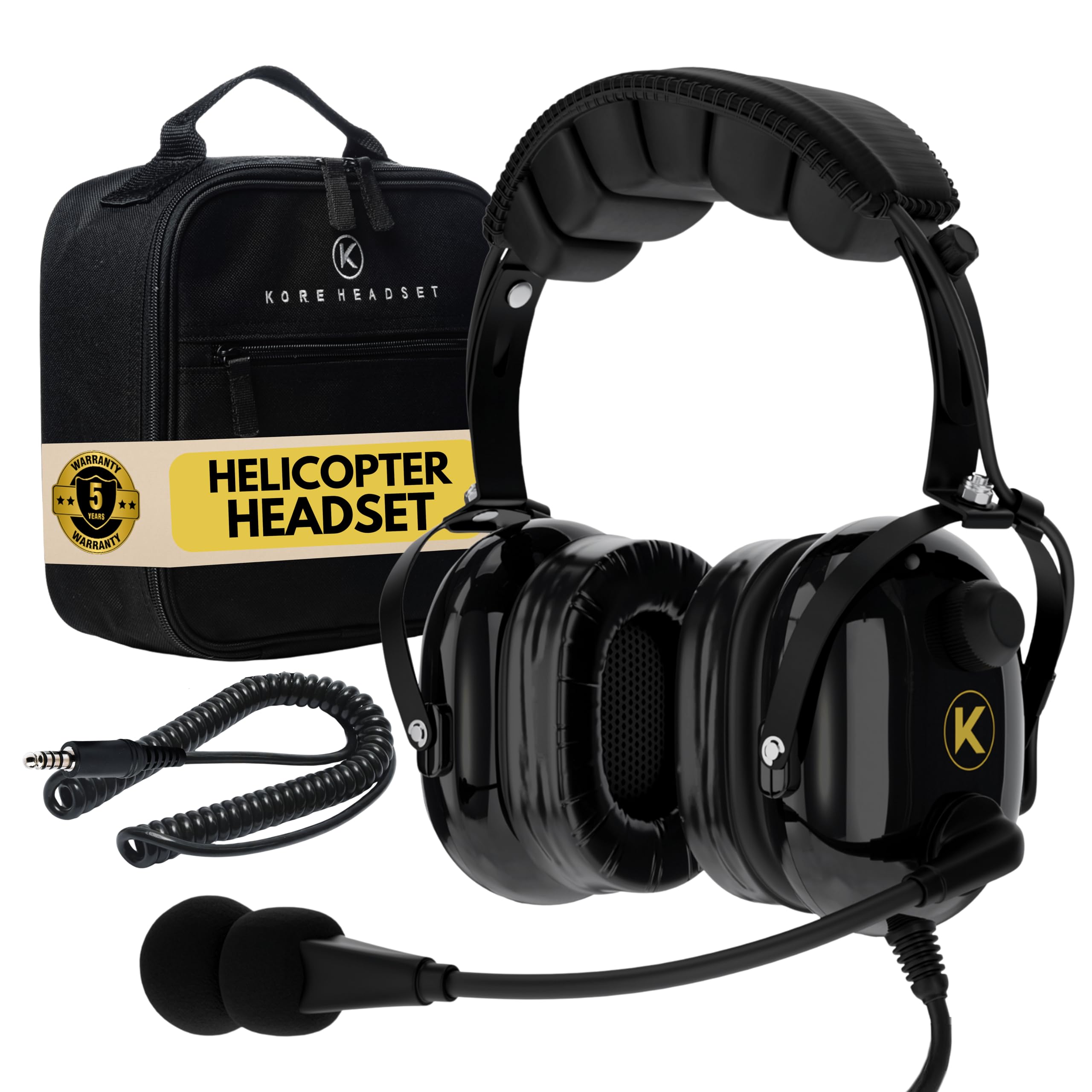 KORE AVIATION H1 Helicopter Pilot Headset with Mono, 24dB Passive NRR, Noise-Canceling Microphone, Gel Ear Seals, Adjustable Headband, U174 Plug, & Free Headset Bag